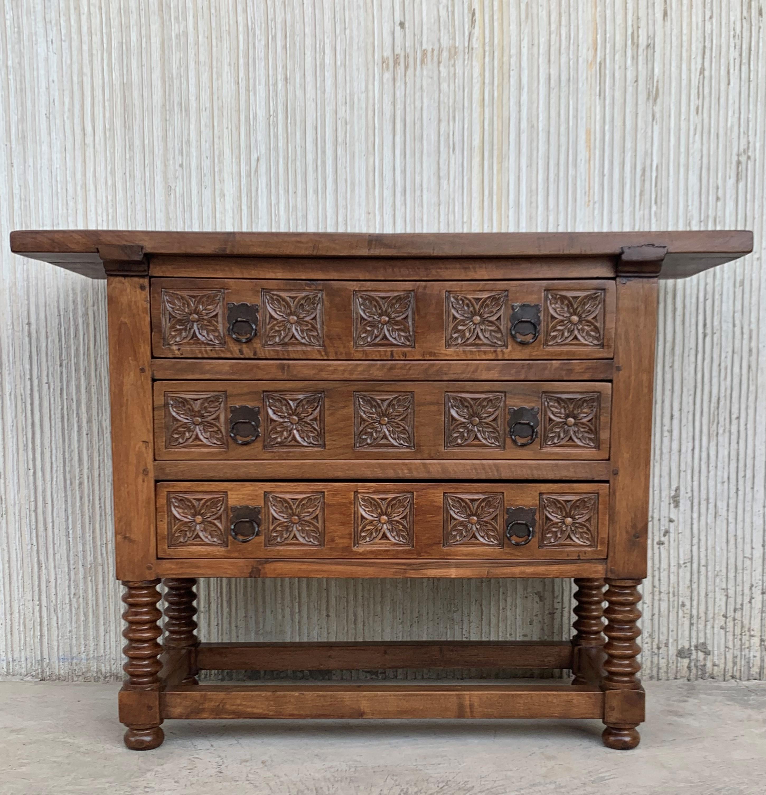 19th Century Catalan Spanish Carved Walnut Console Sofa Table, Three Drawers 3