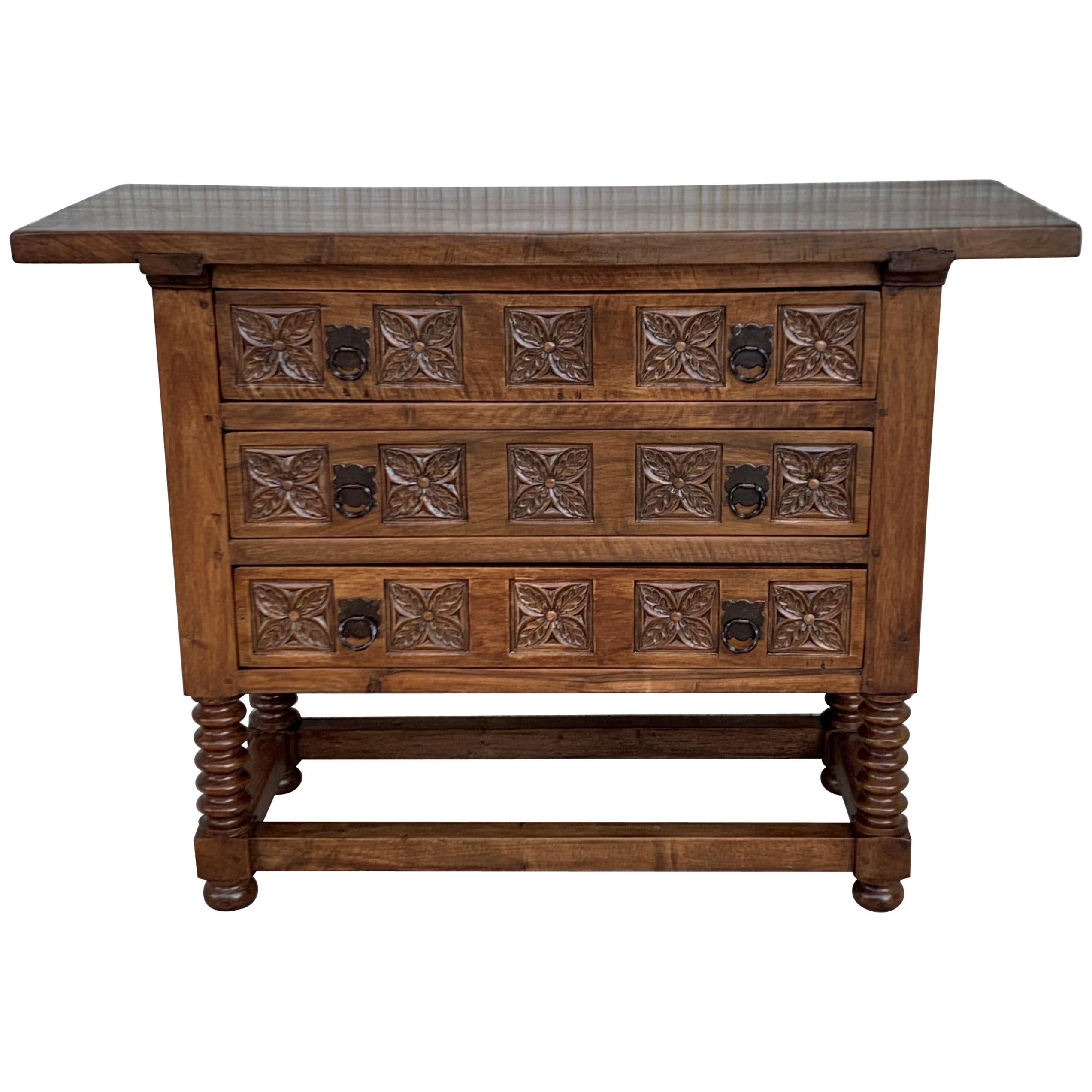 19th Century Catalan Spanish Carved Walnut Console Sofa Table, Three Drawers