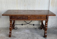 19th Catalan Spanish Desk or Console Table in Carved Walnut and Iron Stretcher
