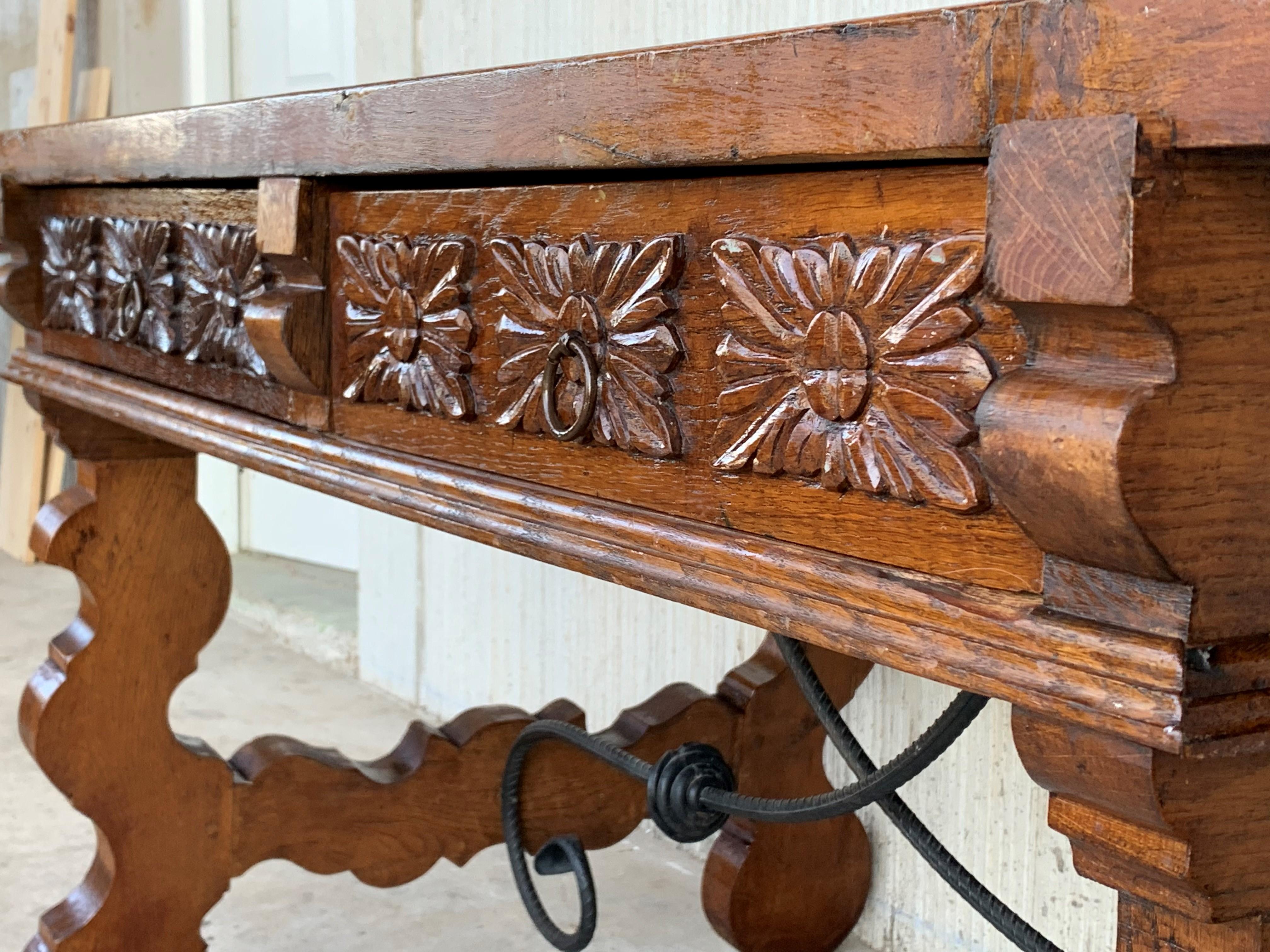19th Catalan Spanish Desk or Console Table in Carved Walnut and Iron Stretcher 2