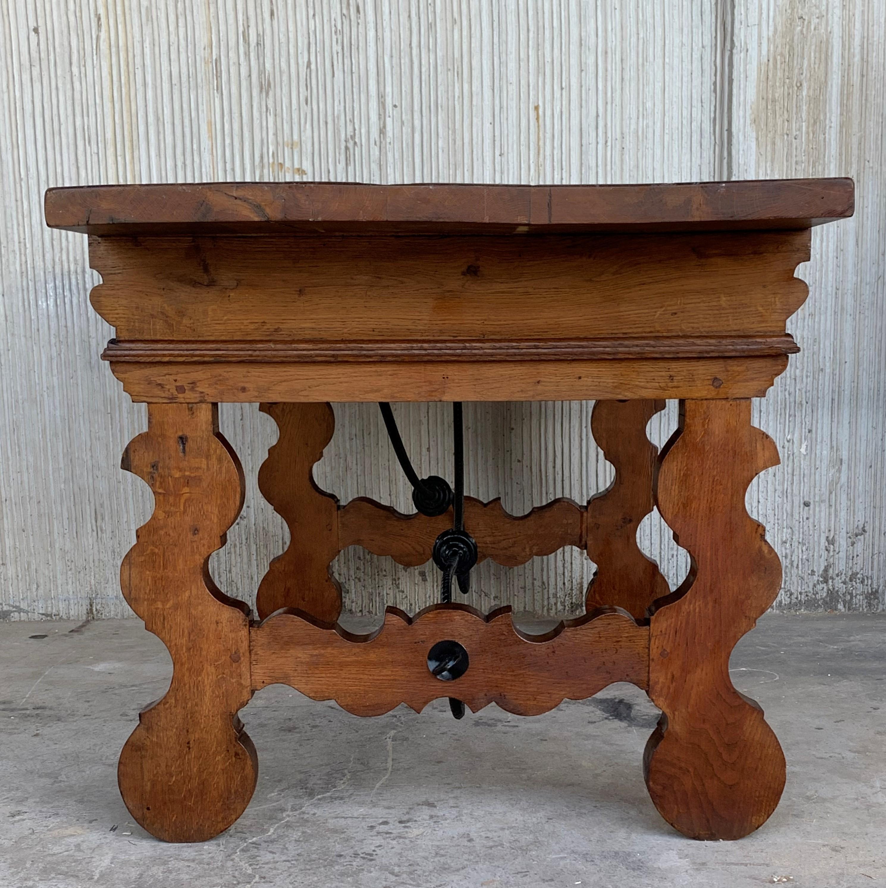 19th Catalan Spanish Desk or Console Table in Carved Walnut and Iron Stretcher 3