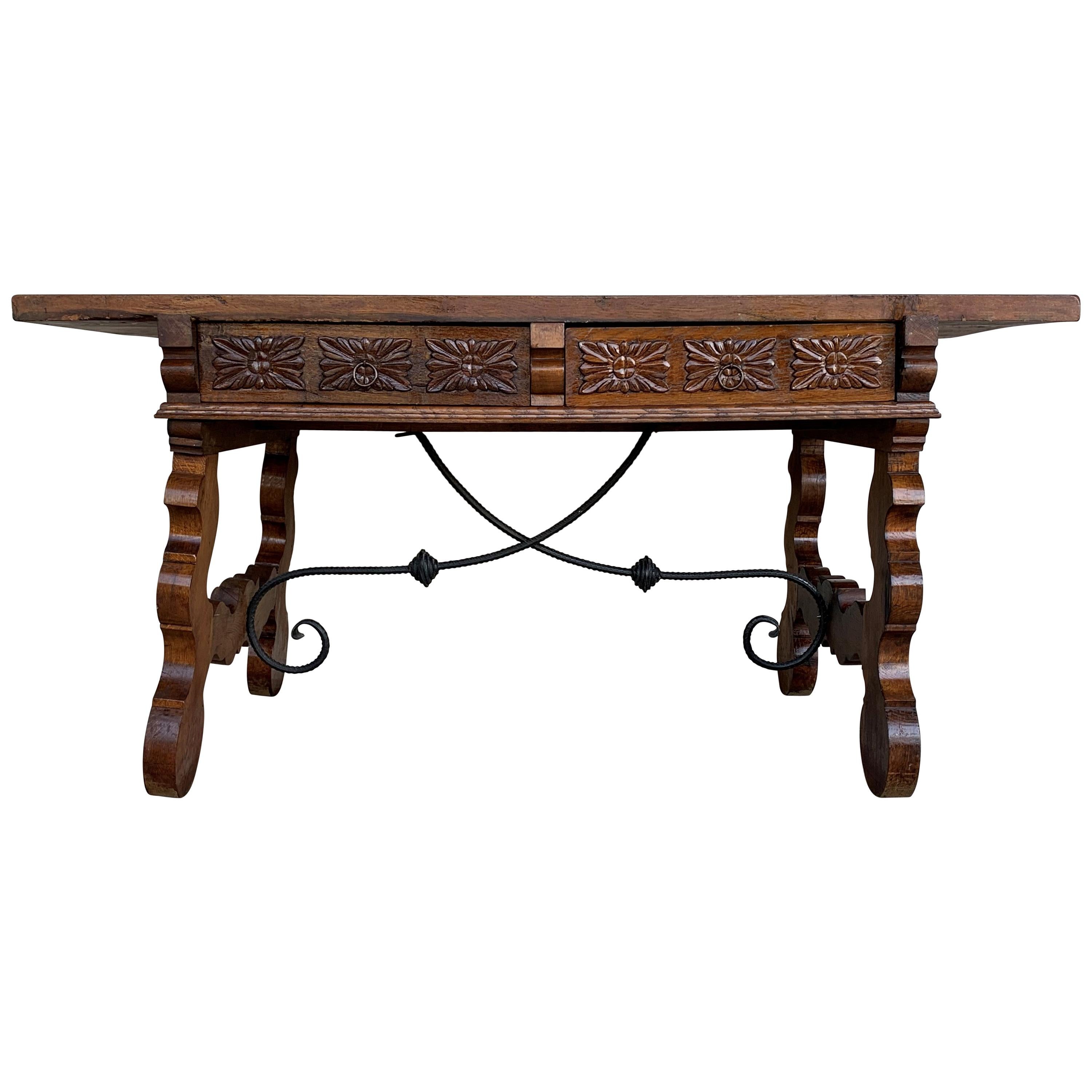 19th Catalan Spanish Desk or Console Table in Carved Walnut and Iron Stretcher