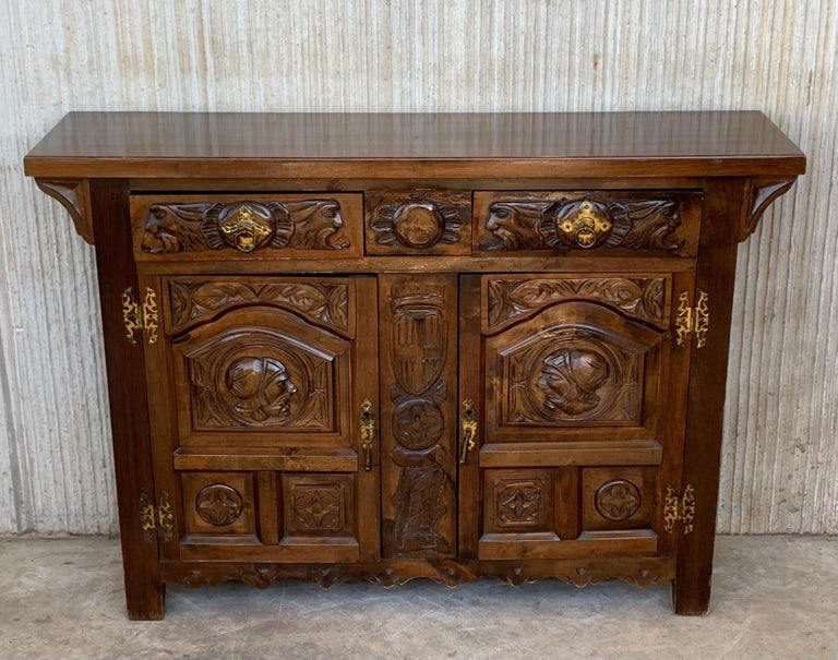 19th Catalan Spanish Hand Carved with Two Doors and Two Drawers For Sale at 1stDibs