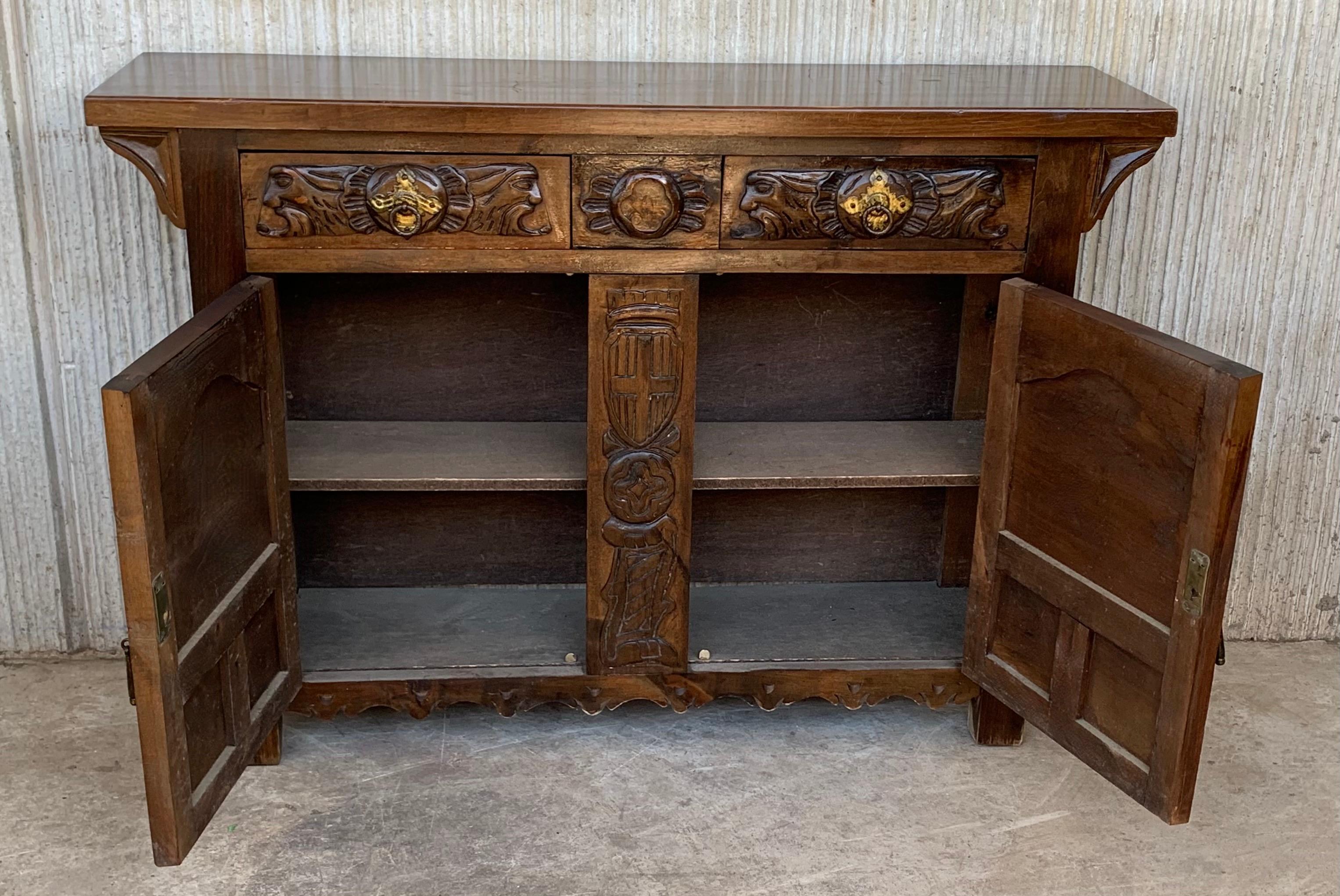 Baroque Revival 19th Catalan Spanish Hand Carved Cabinet with Two Doors and Two Drawers For Sale