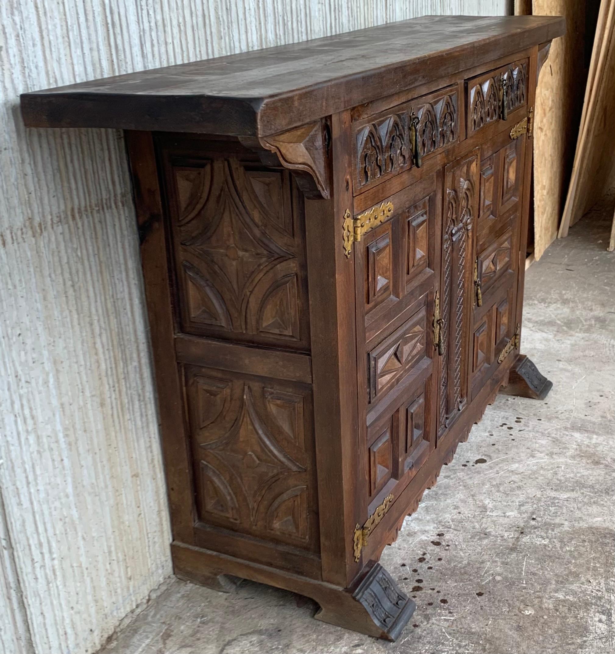 19th Catalan Spanish Hand Carved Cabinet with Two Doors and Two Drawers In Good Condition In Miami, FL