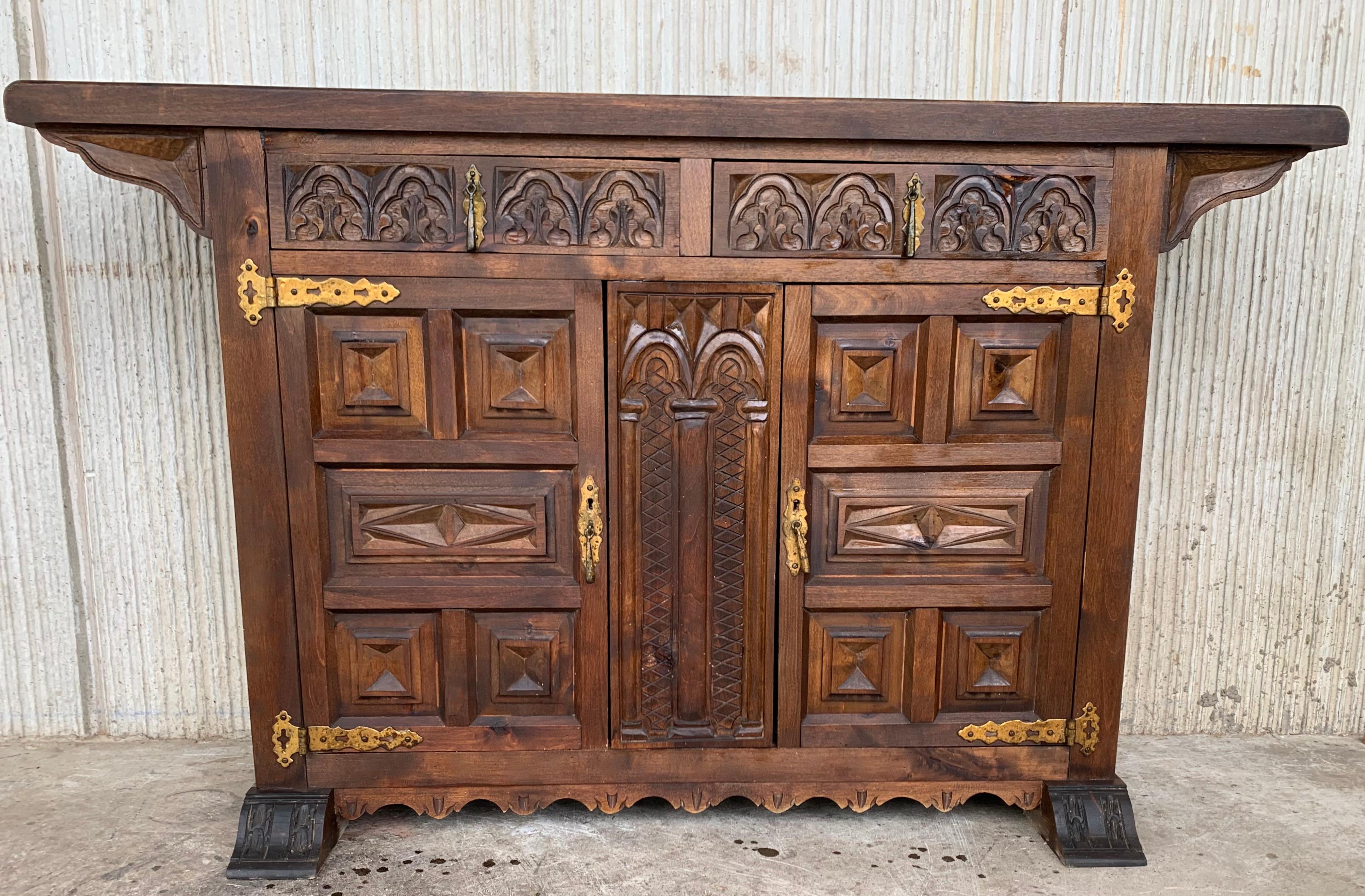 19th Century 19th Catalan Spanish Hand Carved Cabinet with Two Doors and Two Drawers