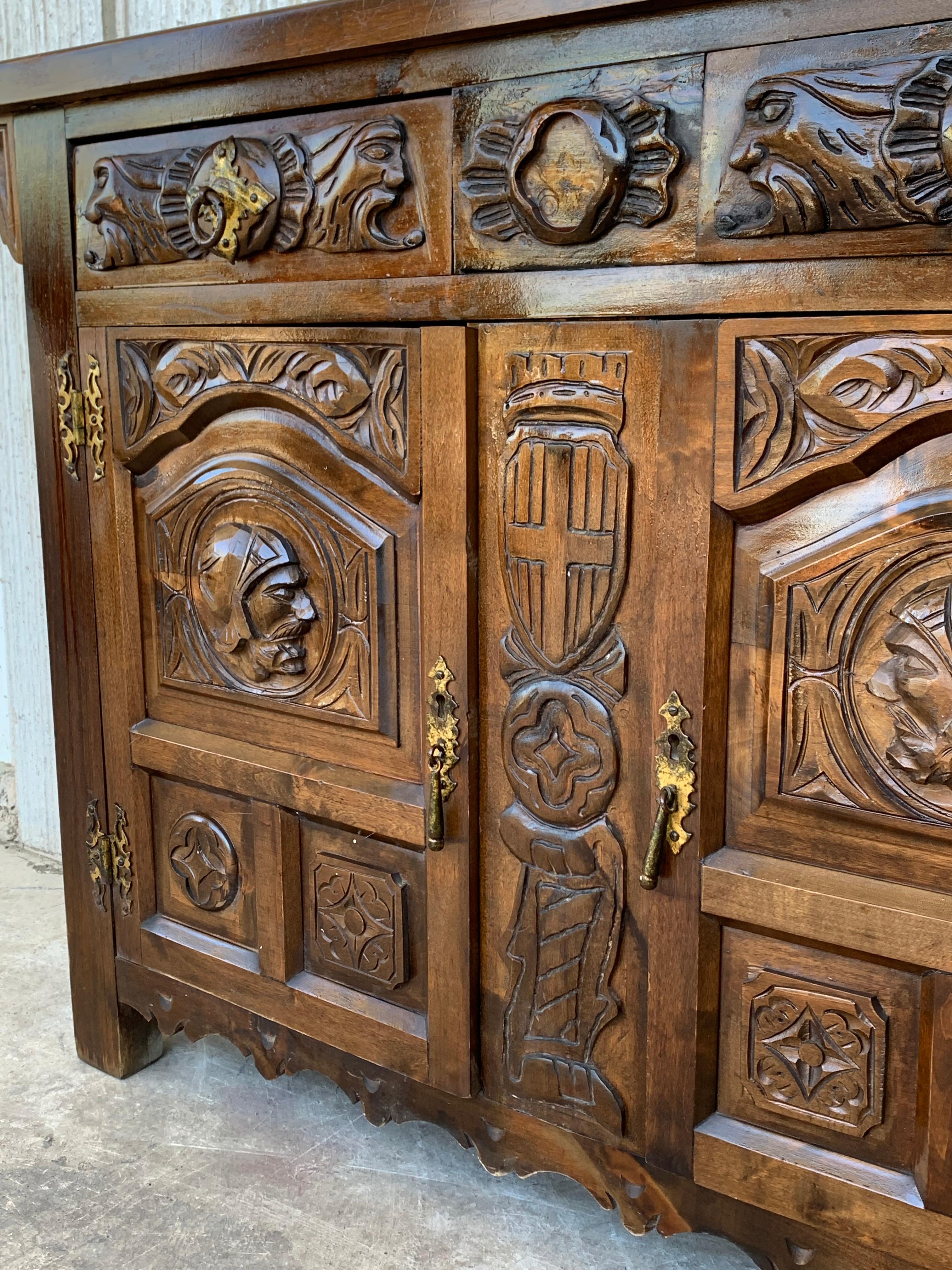 19th Catalan Spanish Hand Carved Cabinet with Two Doors and Two Drawers In Good Condition For Sale In Miami, FL