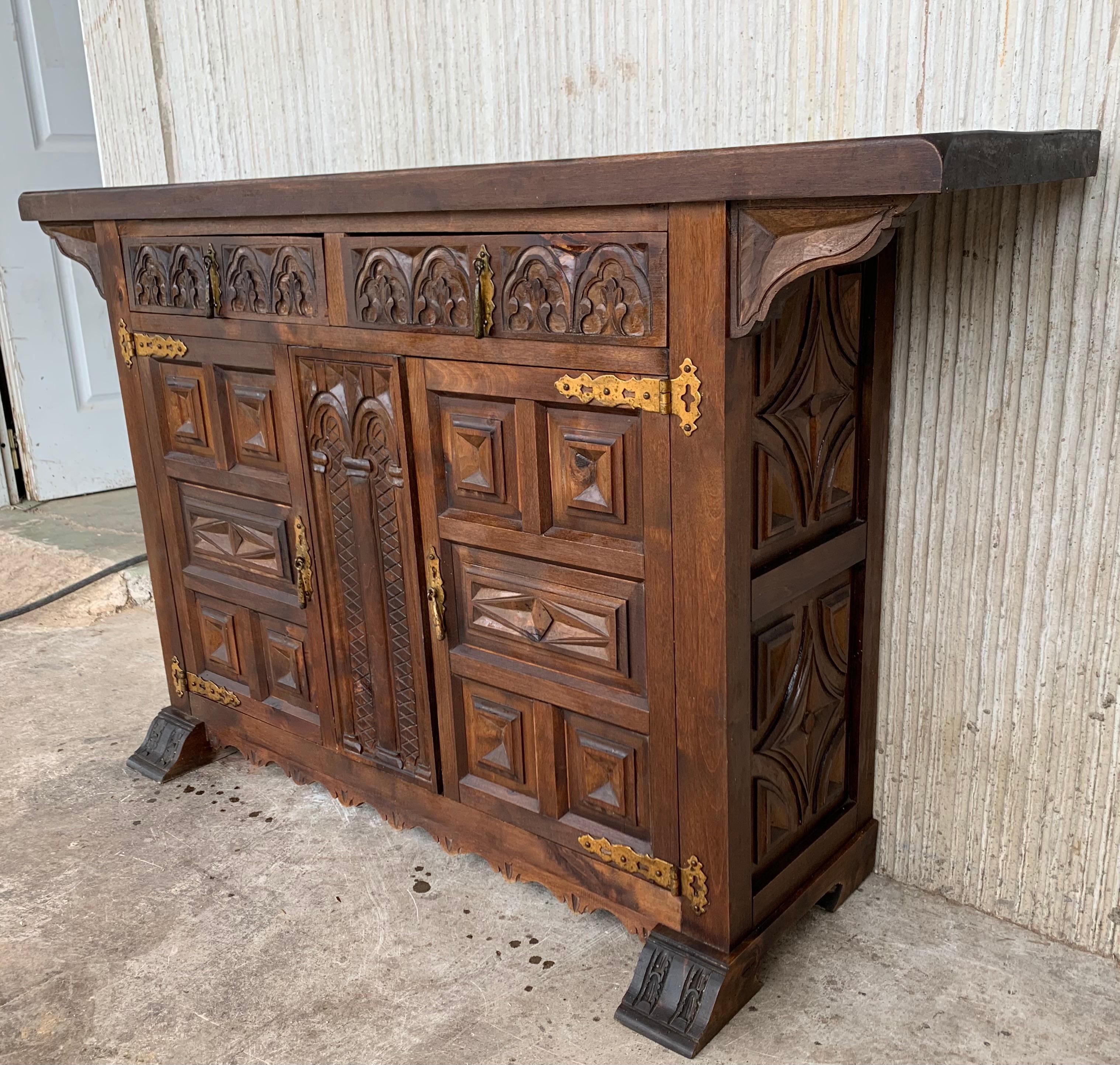 Walnut 19th Catalan Spanish Hand Carved Cabinet with Two Doors and Two Drawers