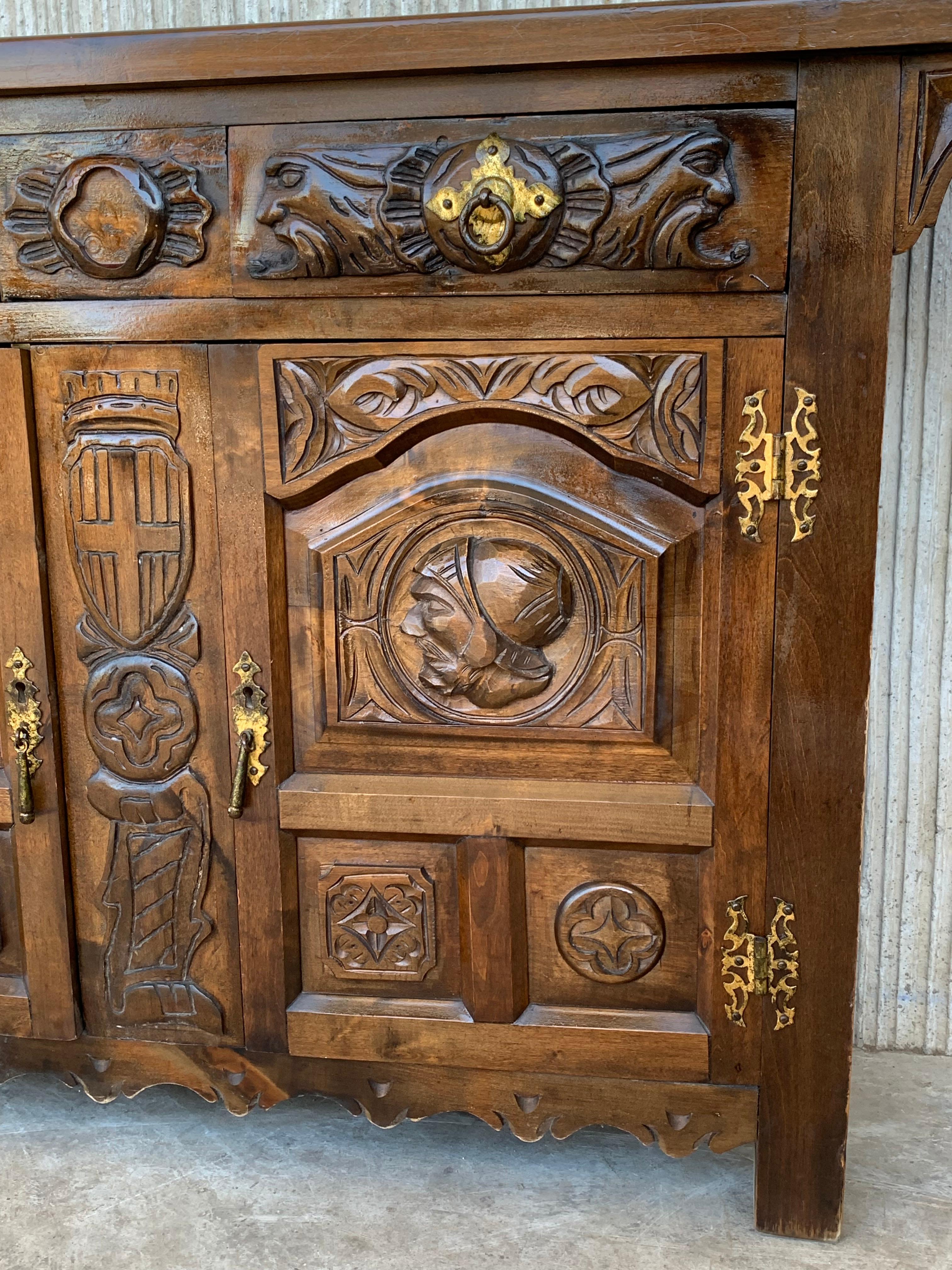 19th Century 19th Catalan Spanish Hand Carved Cabinet with Two Doors and Two Drawers For Sale
