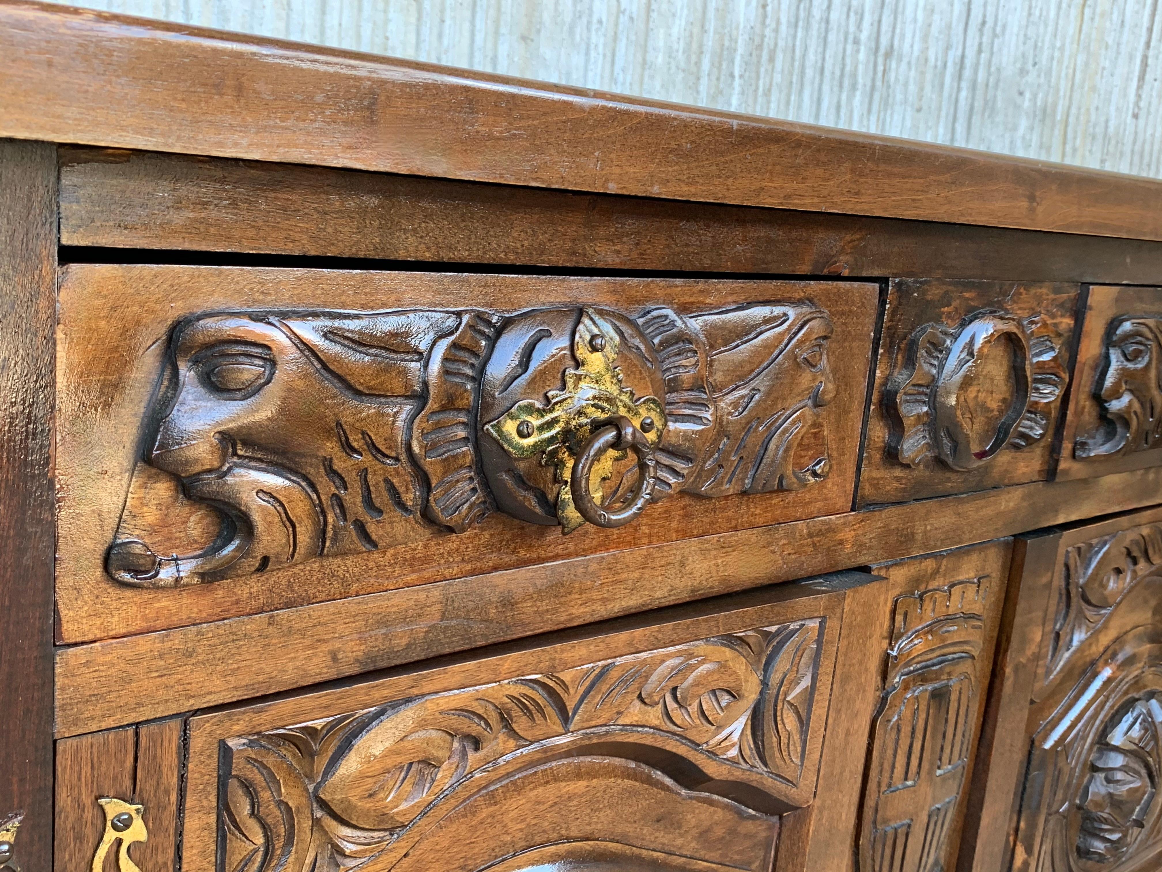 Walnut 19th Catalan Spanish Hand Carved Cabinet with Two Doors and Two Drawers For Sale