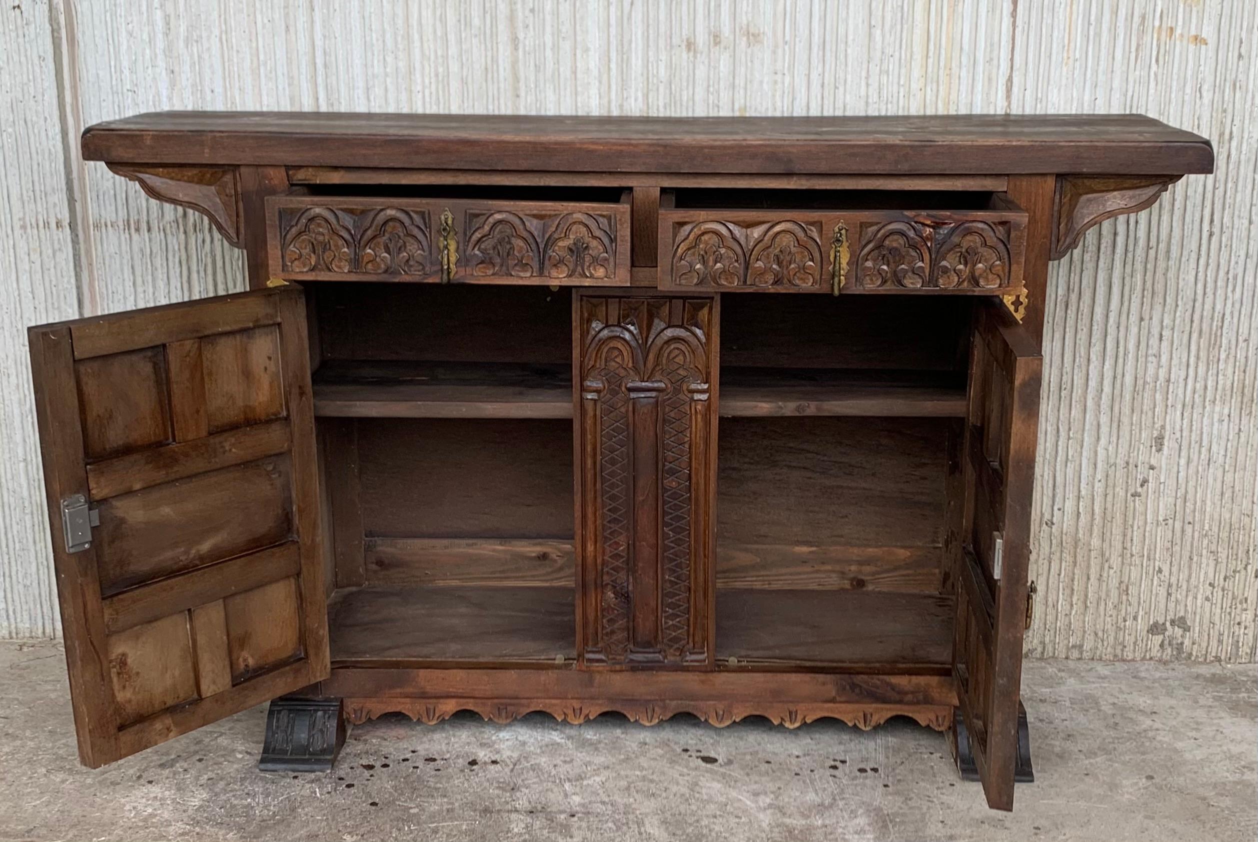 19th Catalan Spanish Hand Carved Cabinet with Two Doors and Two Drawers 2