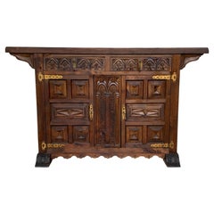 19th Catalan Spanish Hand Carved Cabinet with Two Doors and Two Drawers