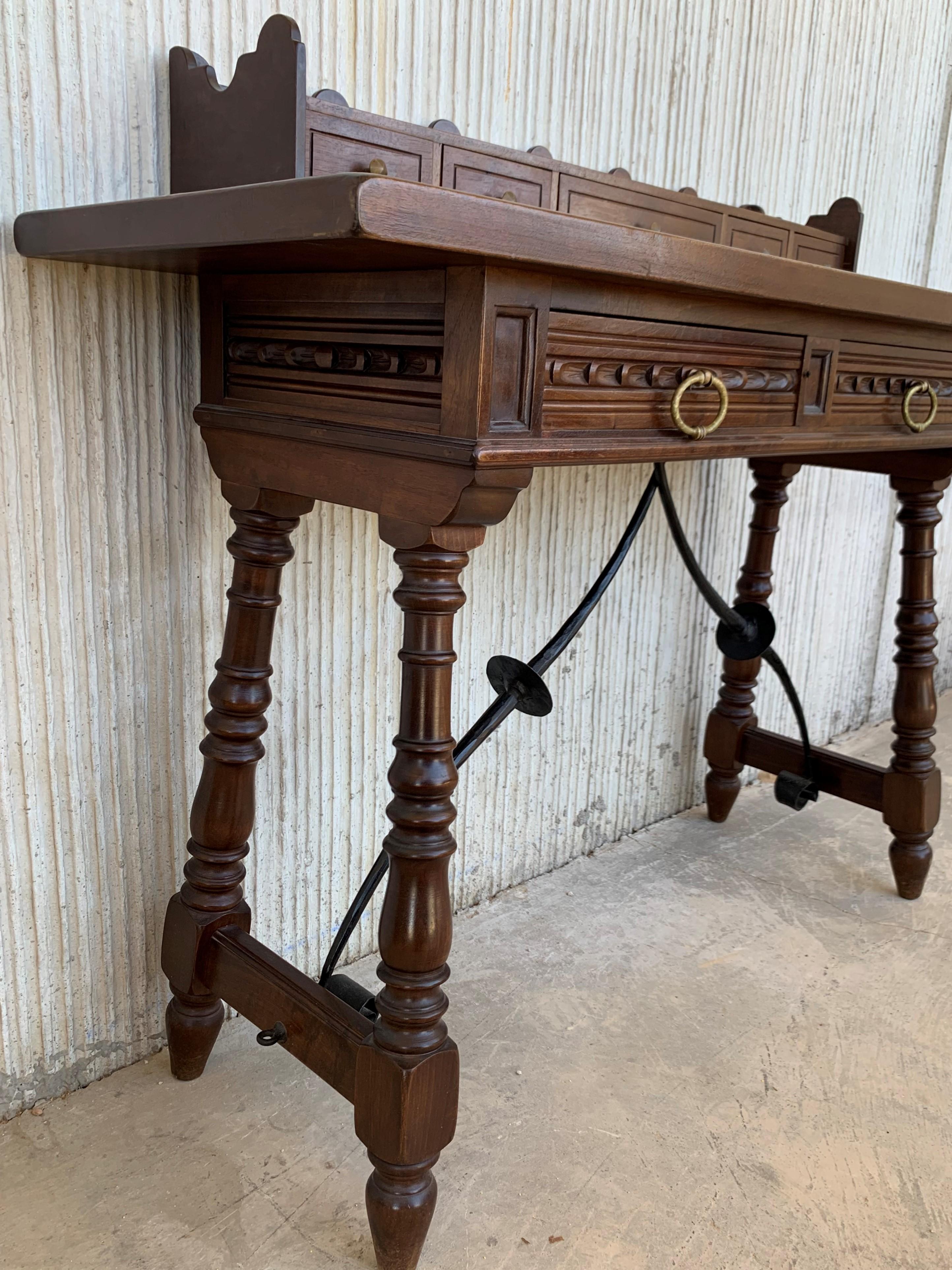 Catalan Spanish Lady Desk or Console Table in Carved Walnut and Iron Stretcher 7