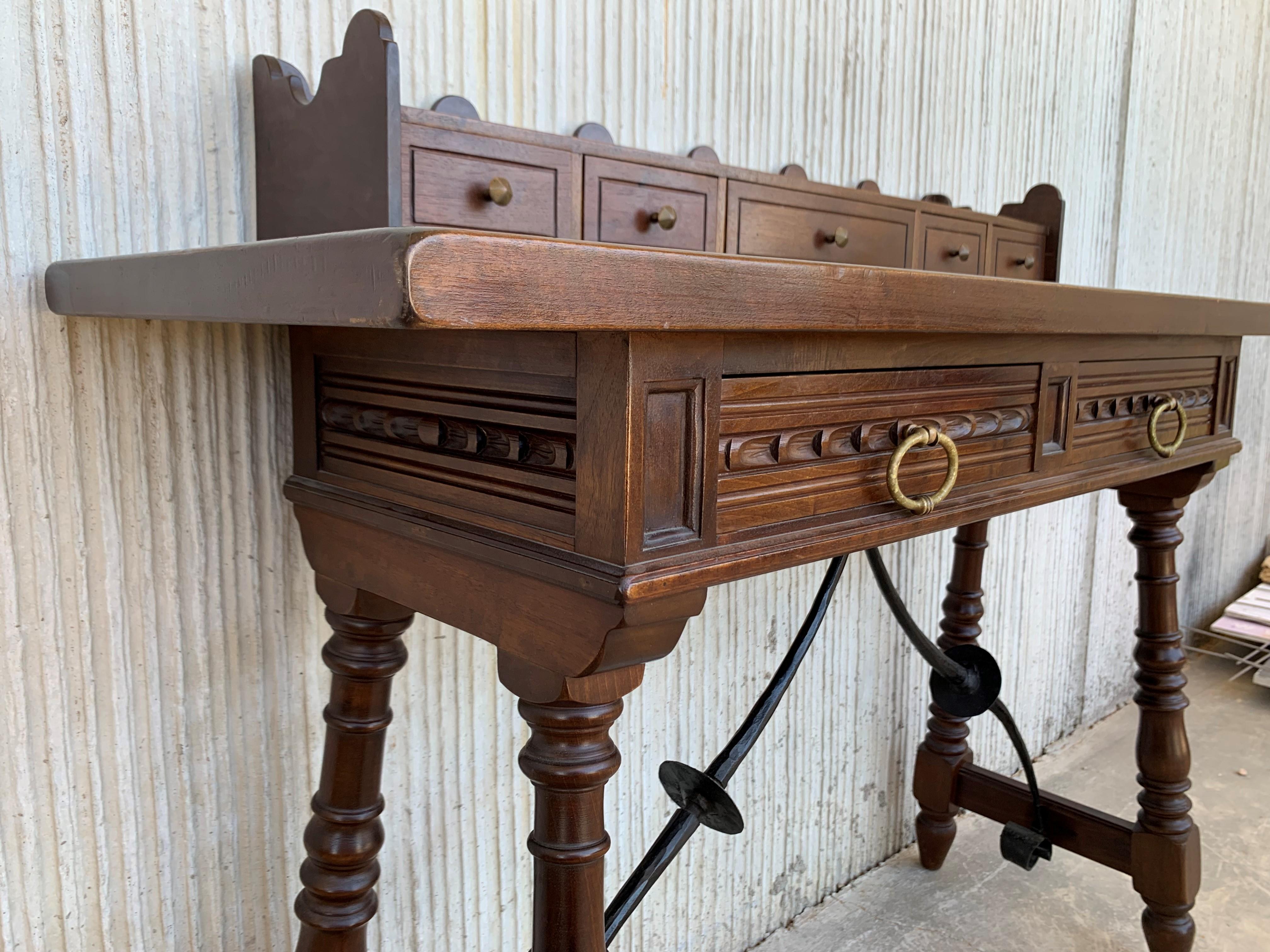 Catalan Spanish Lady Desk or Console Table in Carved Walnut and Iron Stretcher 8