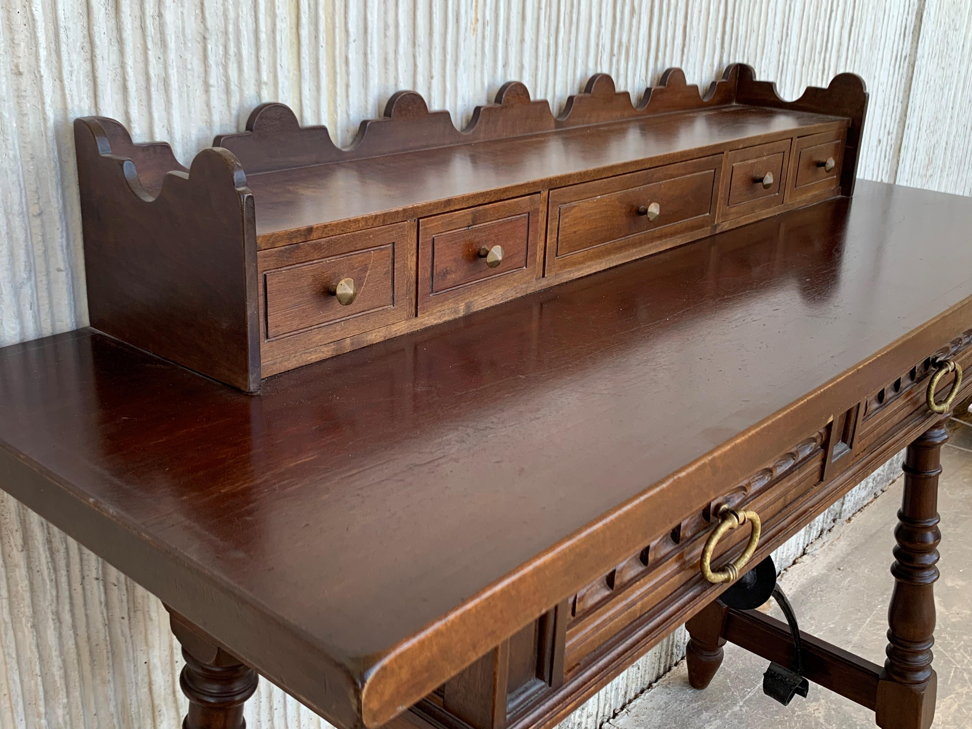 Catalan Spanish Lady Desk or Console Table in Carved Walnut and Iron Stretcher 9