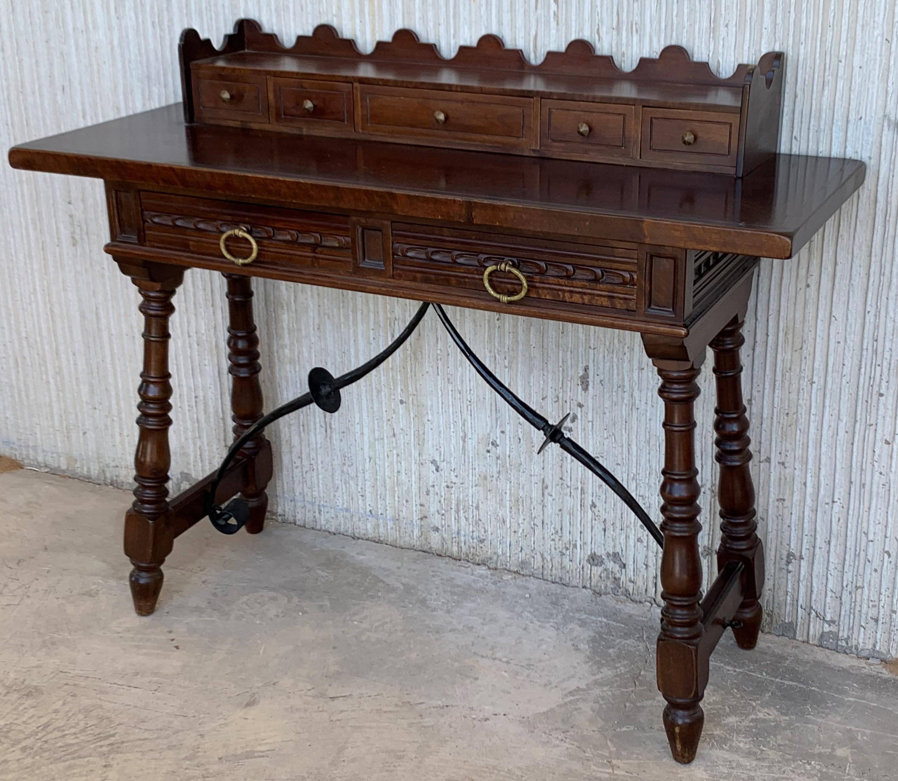 Catalan Spanish Lady Desk or Console Table in Carved Walnut and Iron Stretcher 10