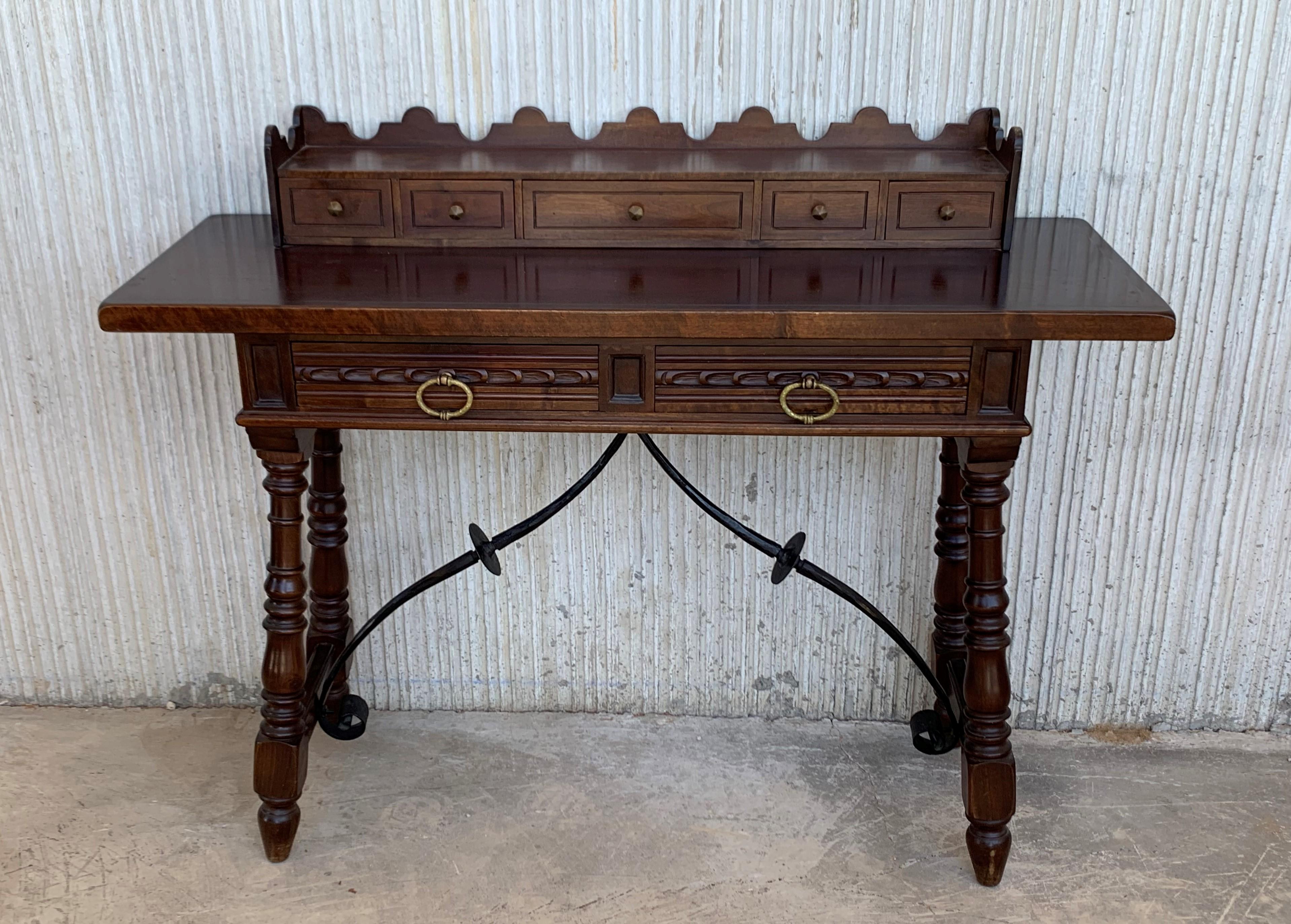 Catalan Spanish Lady Desk or Console Table in Carved Walnut and Iron Stretcher 1