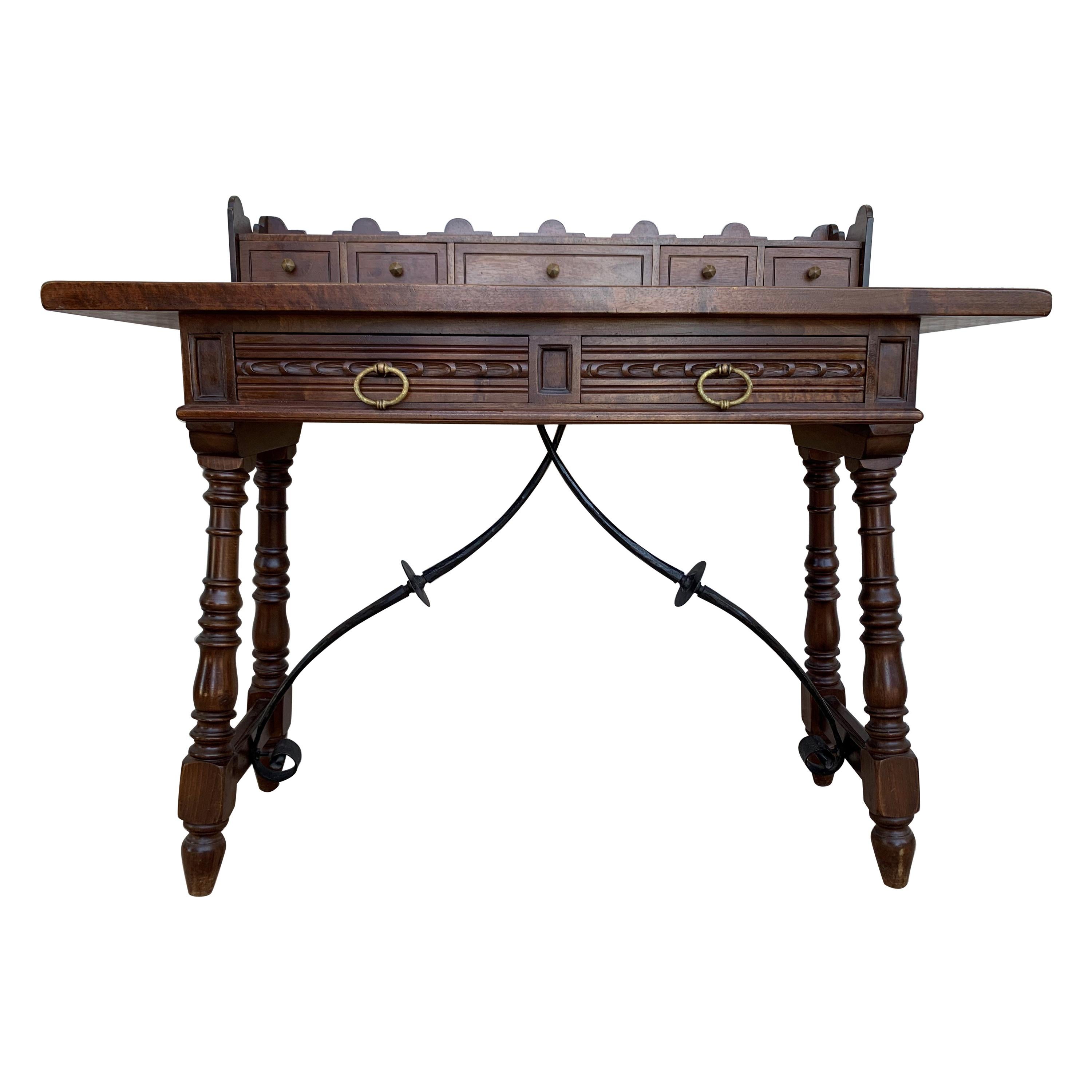 Catalan Spanish Lady Desk or Console Table in Carved Walnut and Iron Stretcher