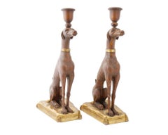 An Antique Pair of Carved Gilt and Wood Greyhound Dog Pedestal Vases
