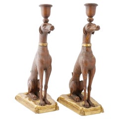 An Antique Pair of Carved Gilt and Wood Greyhound Dog Pedestal Vases