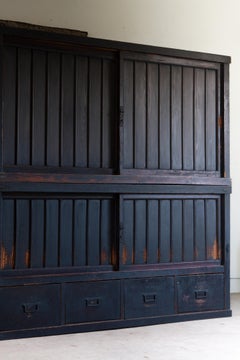 19th Cen. Edo Japanese 2-tier large black Mizuya Tansu, wabi sabi kitchen chests