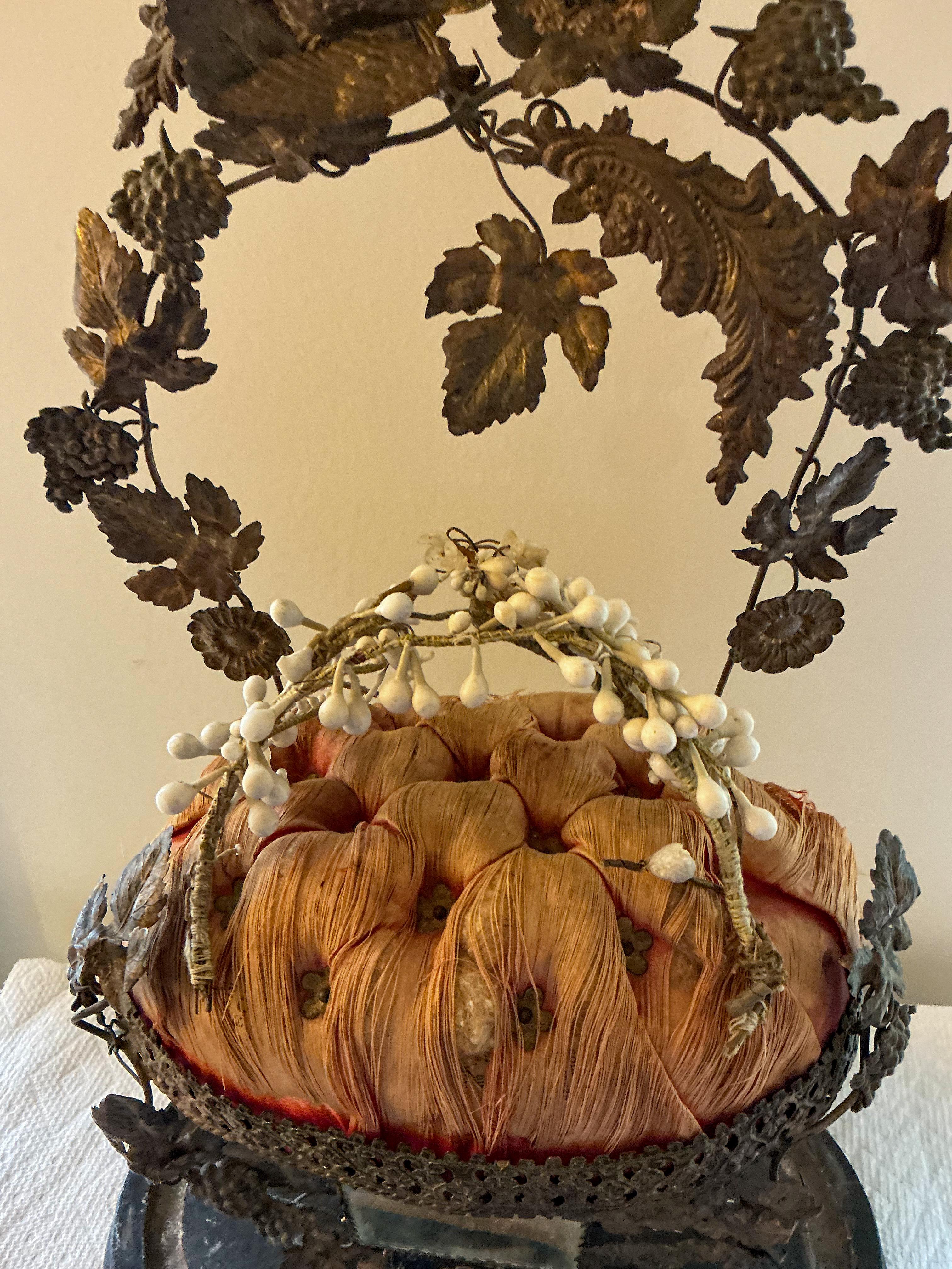 19th-C.English Victorian Bridal Wedding Glass Cloche W/ Crown , Silk & Birds In Good Condition For Sale In Kennesaw, GA