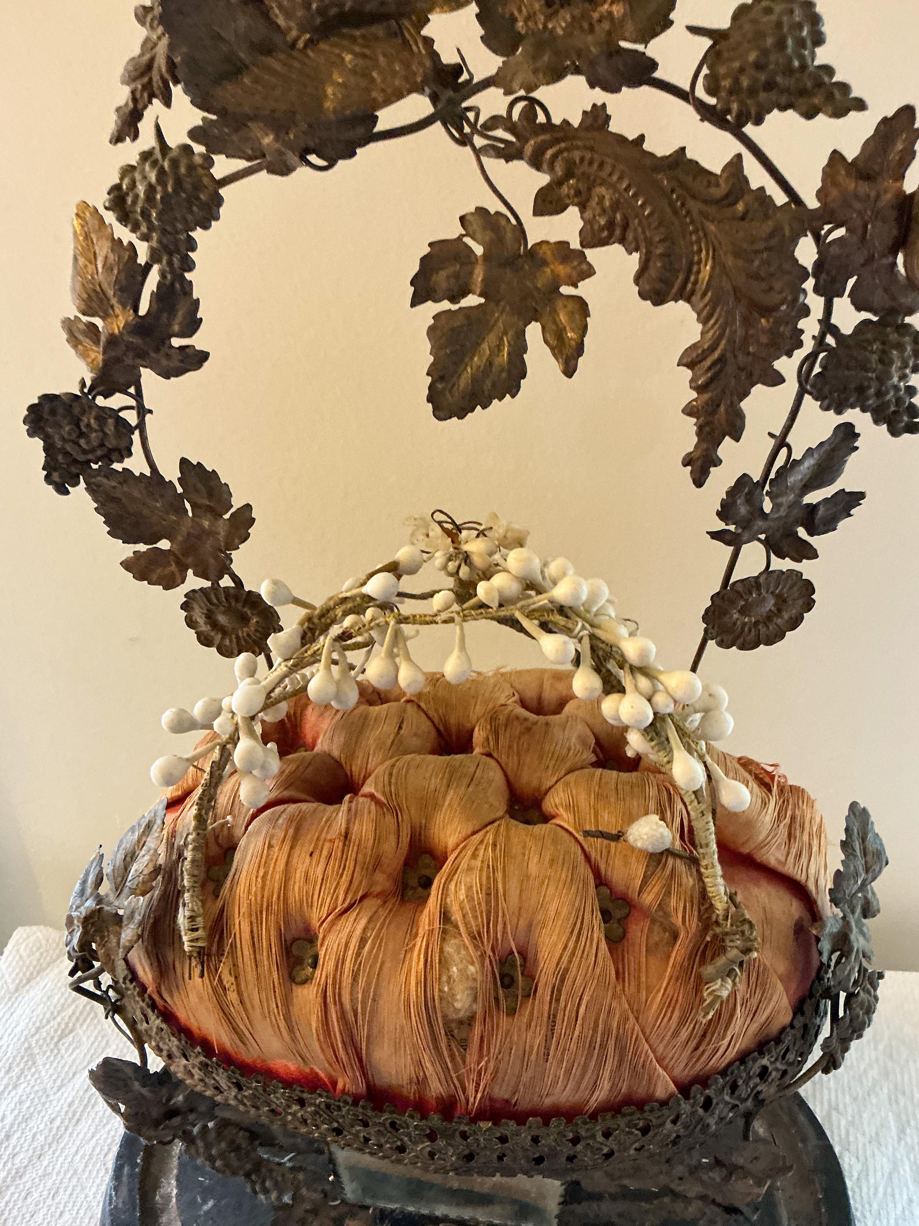 Brass 19th-C.English Victorian Bridal Wedding Glass Cloche W/ Crown , Silk & Birds For Sale