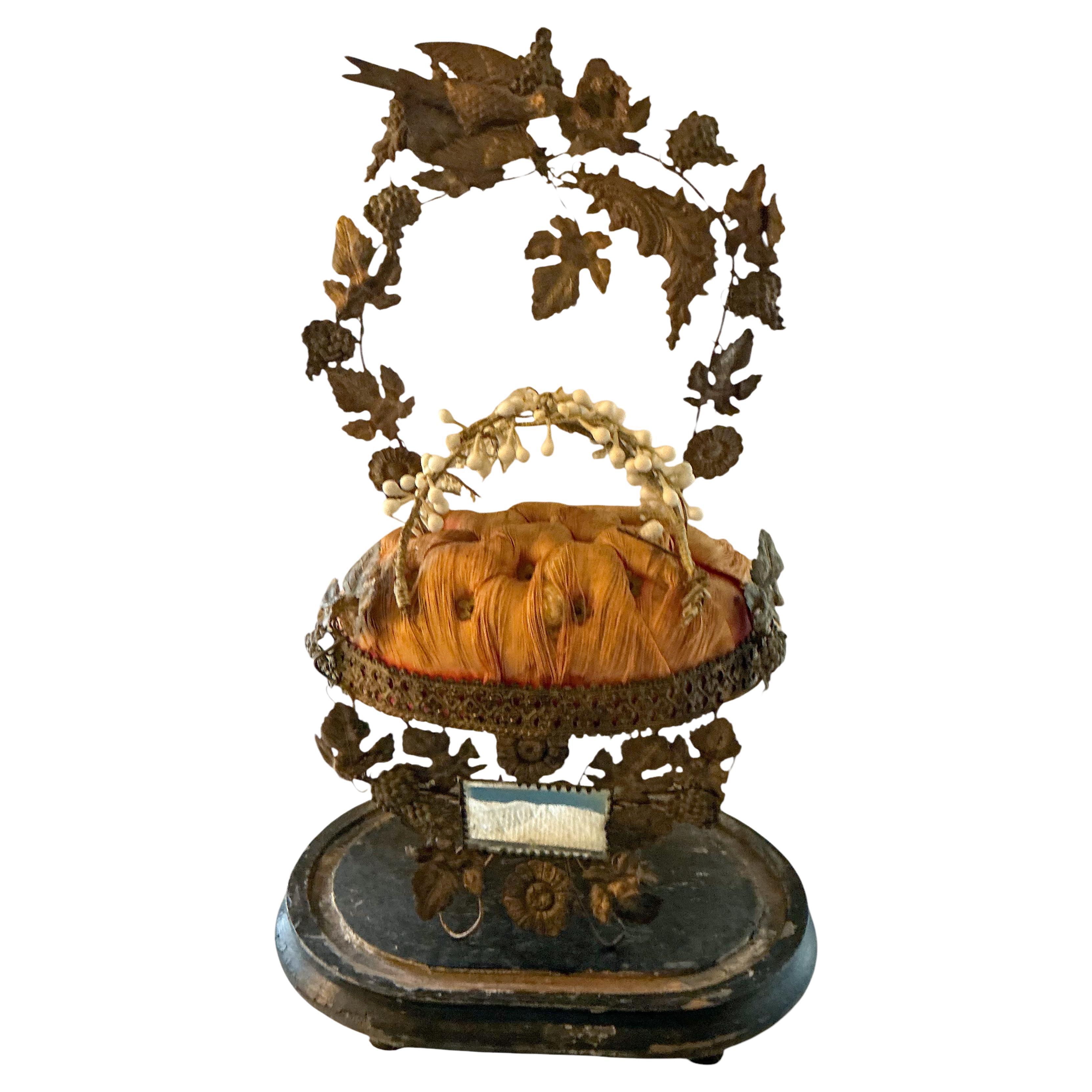 19th-C.English Victorian Bridal Wedding Glass Cloche W/ Crown , Silk & Birds For Sale