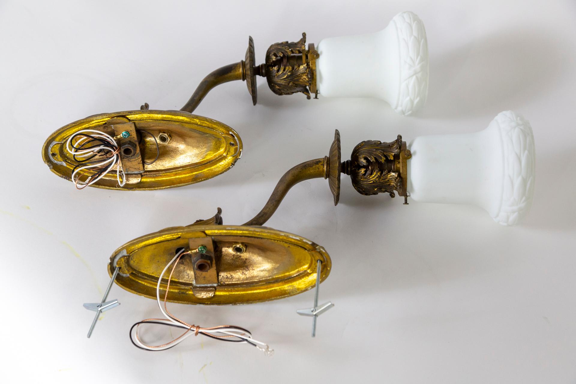 19th Cent, Armed Sconces w/ Neoclassical Details & Milk Glass Shades, 'Pair' For Sale 3