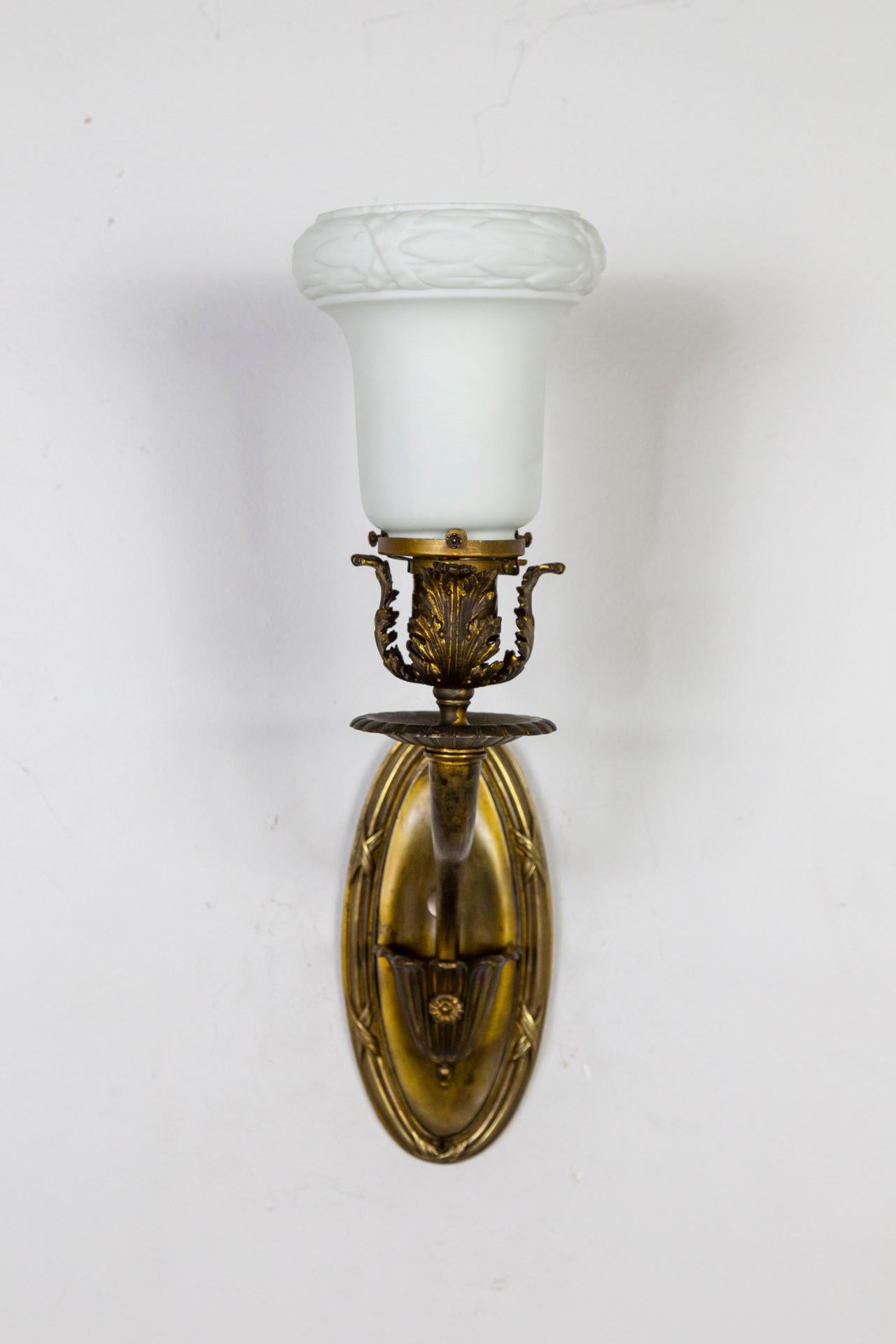 Belle Époque 19th Cent, Armed Sconces w/ Neoclassical Details & Milk Glass Shades, 'Pair' For Sale