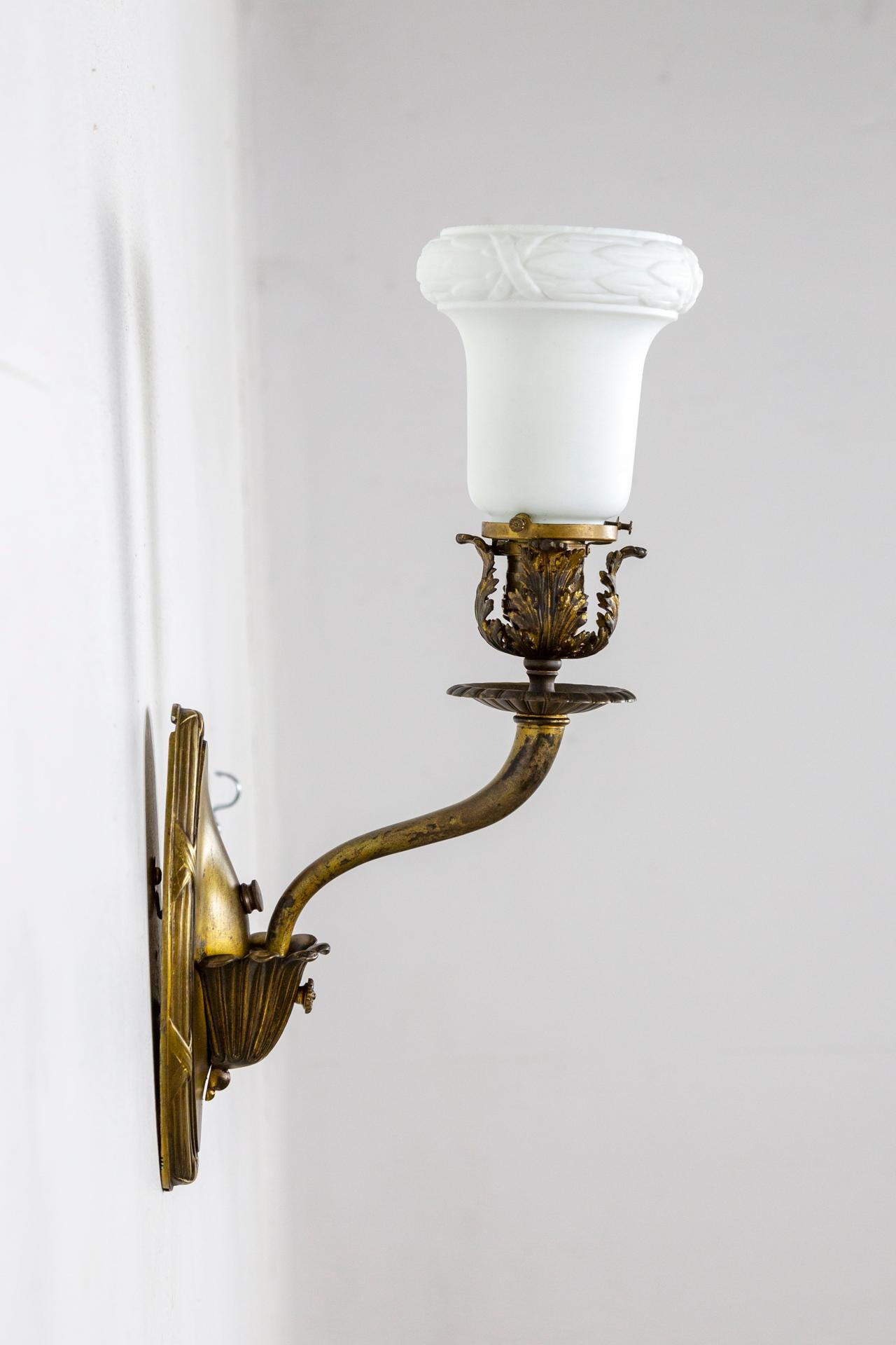 French 19th Cent, Armed Sconces w/ Neoclassical Details & Milk Glass Shades, 'Pair' For Sale