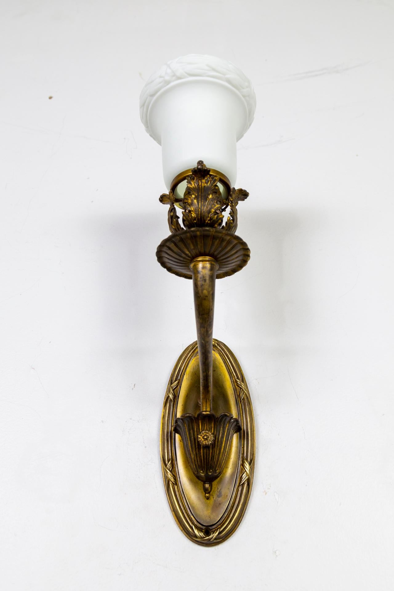Brass 19th Cent, Armed Sconces w/ Neoclassical Details & Milk Glass Shades, 'Pair' For Sale