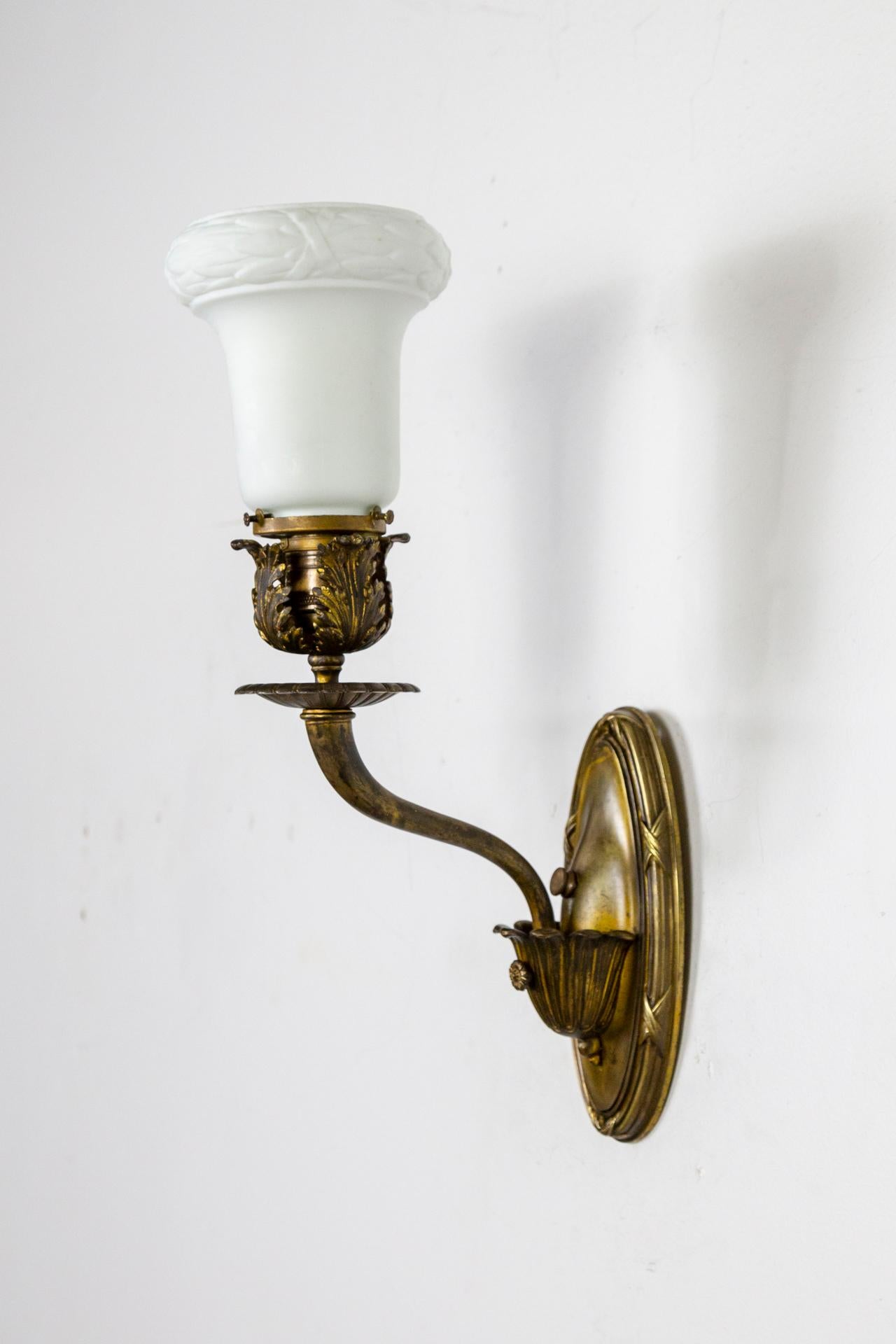 19th Cent, Armed Sconces w/ Neoclassical Details & Milk Glass Shades, 'Pair' For Sale 1