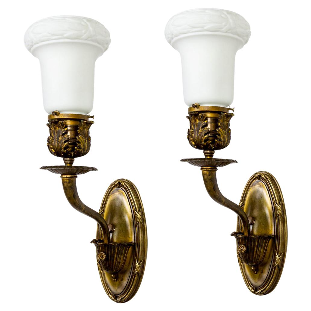 19th Cent, Armed Sconces w/ Neoclassical Details & Milk Glass Shades, 'Pair'