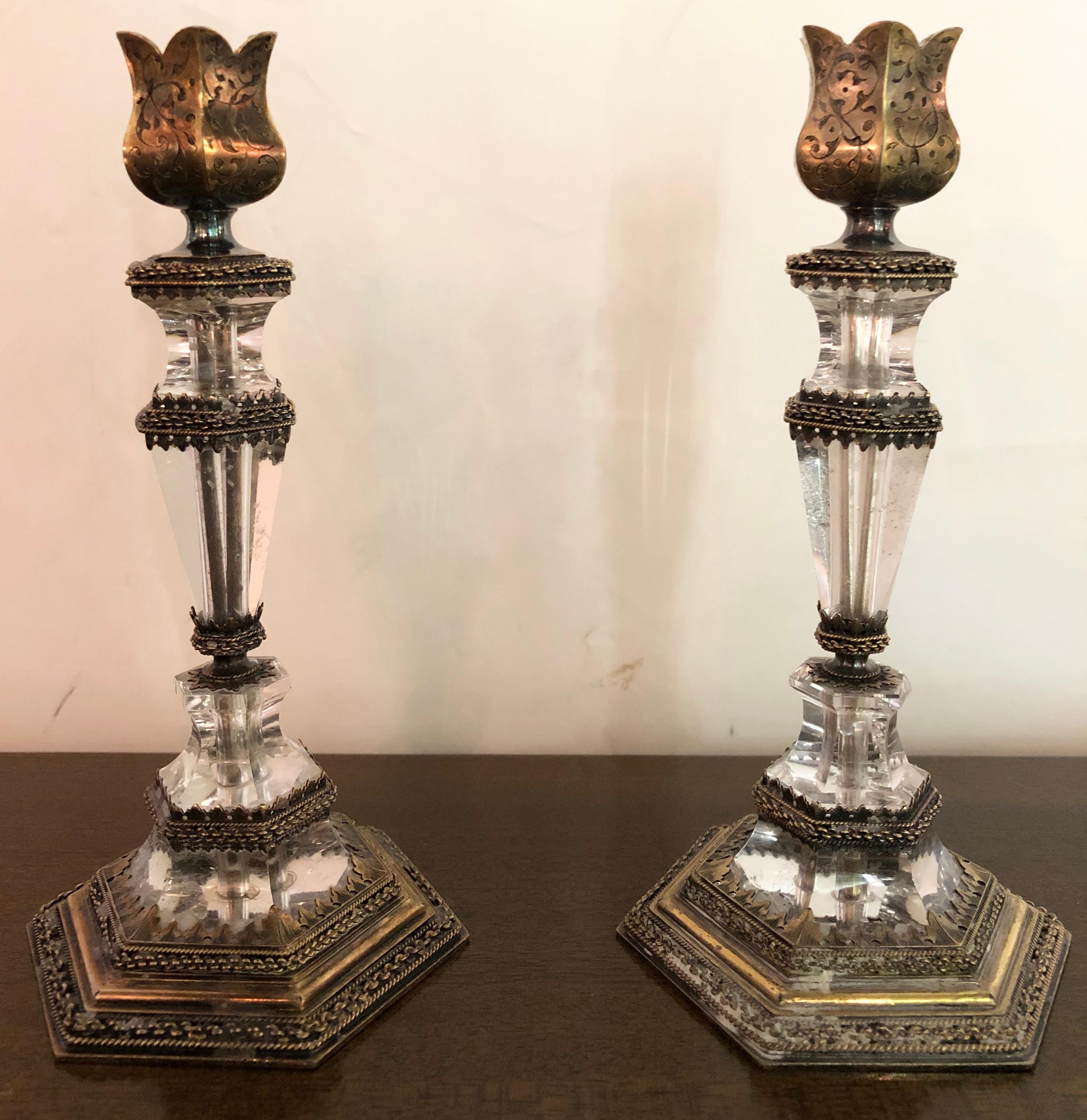 19th Century Austrian Rock Crystal Gilt Silver Candlesticks In Good Condition In Stamford, CT