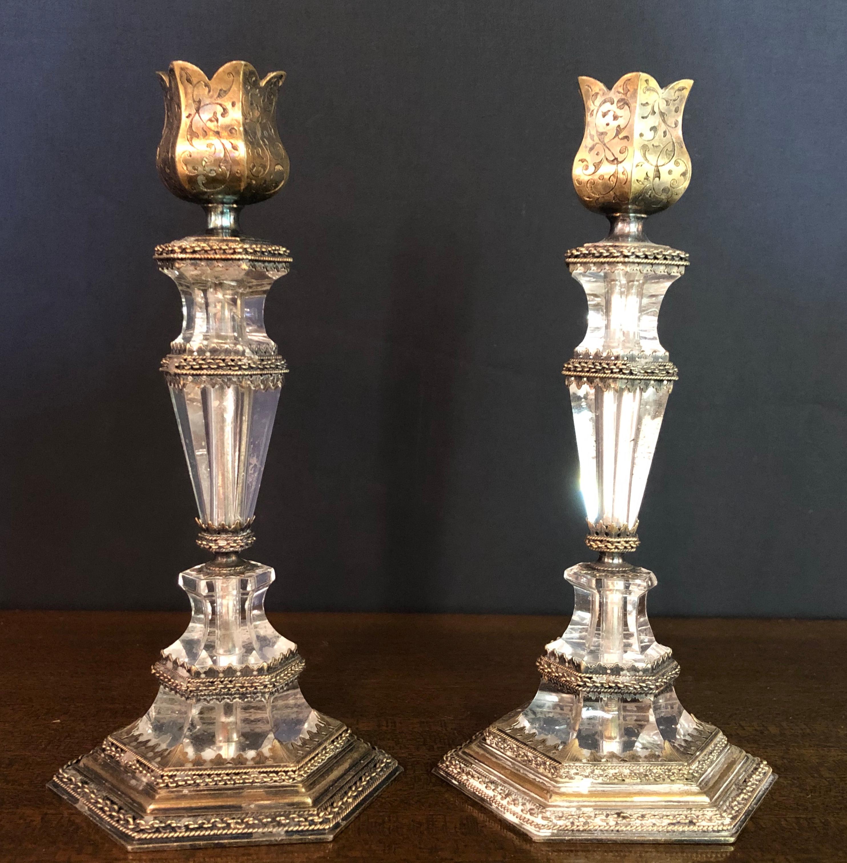 Sterling Silver 19th Century Austrian Rock Crystal Gilt Silver Candlesticks