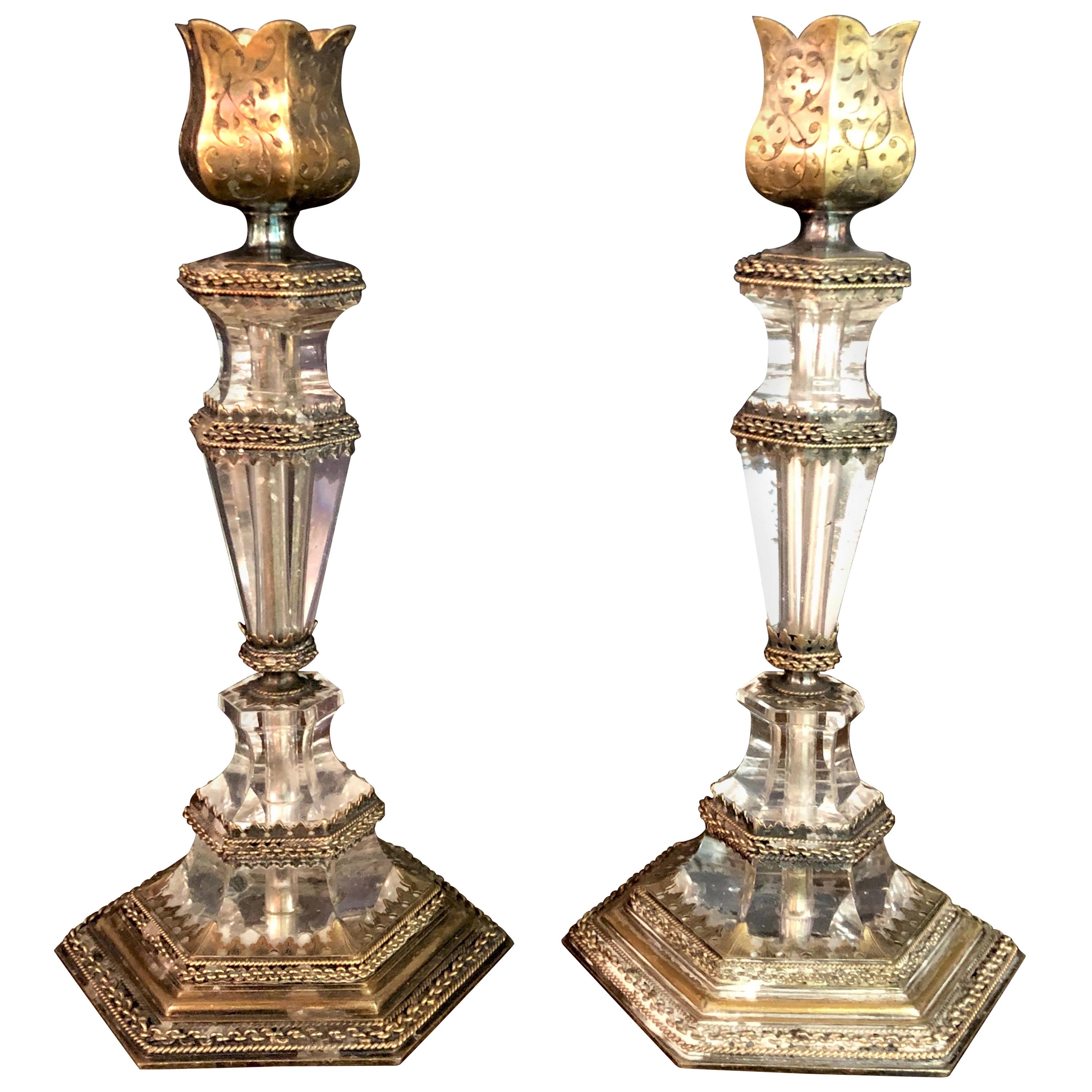 19th Century Austrian Rock Crystal Gilt Silver Candlesticks at 1stDibs