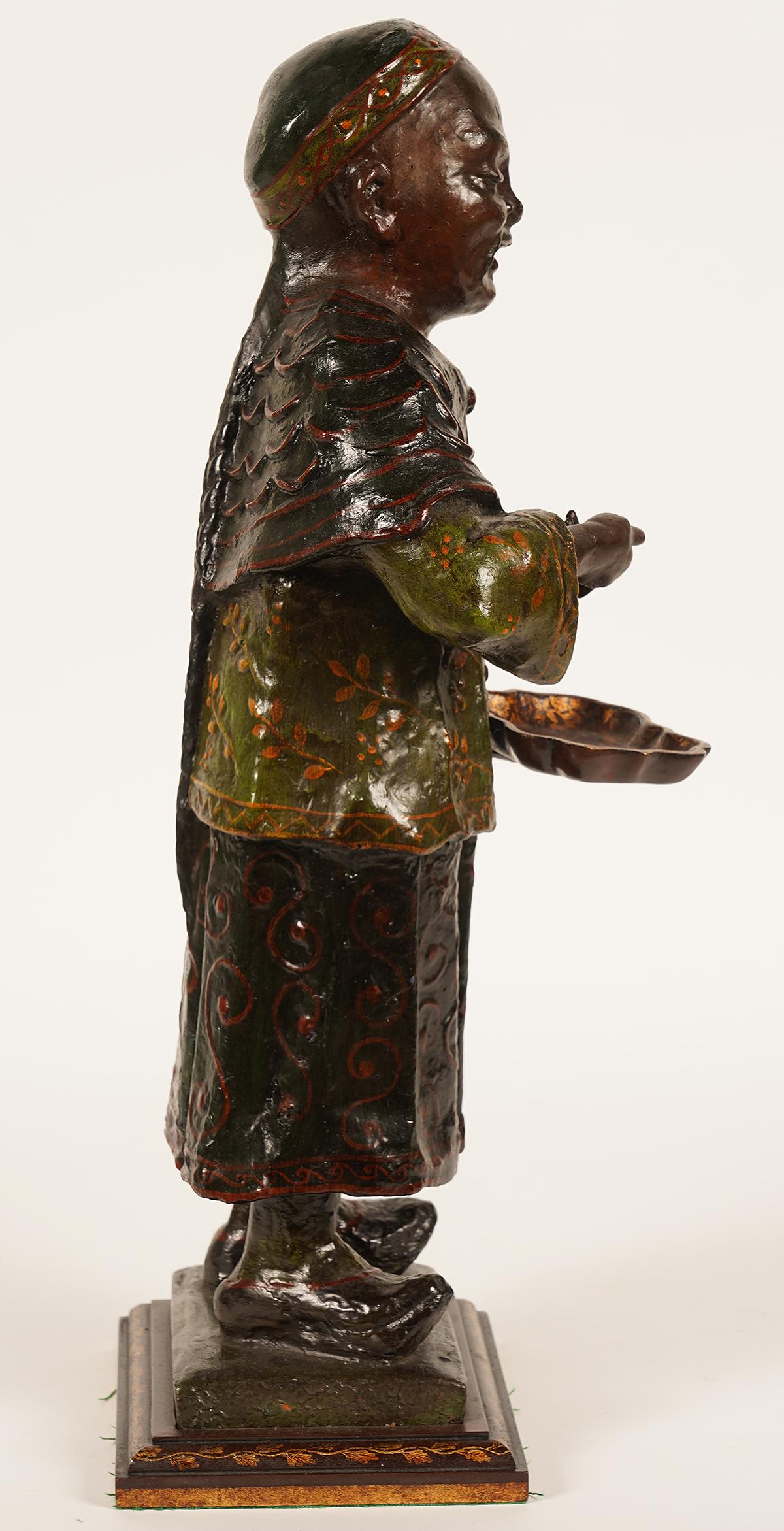 19th Century Chinese Export Paper Mache Figure, Imperial Servant with Card Tray In Distressed Condition In Ft. Lauderdale, FL