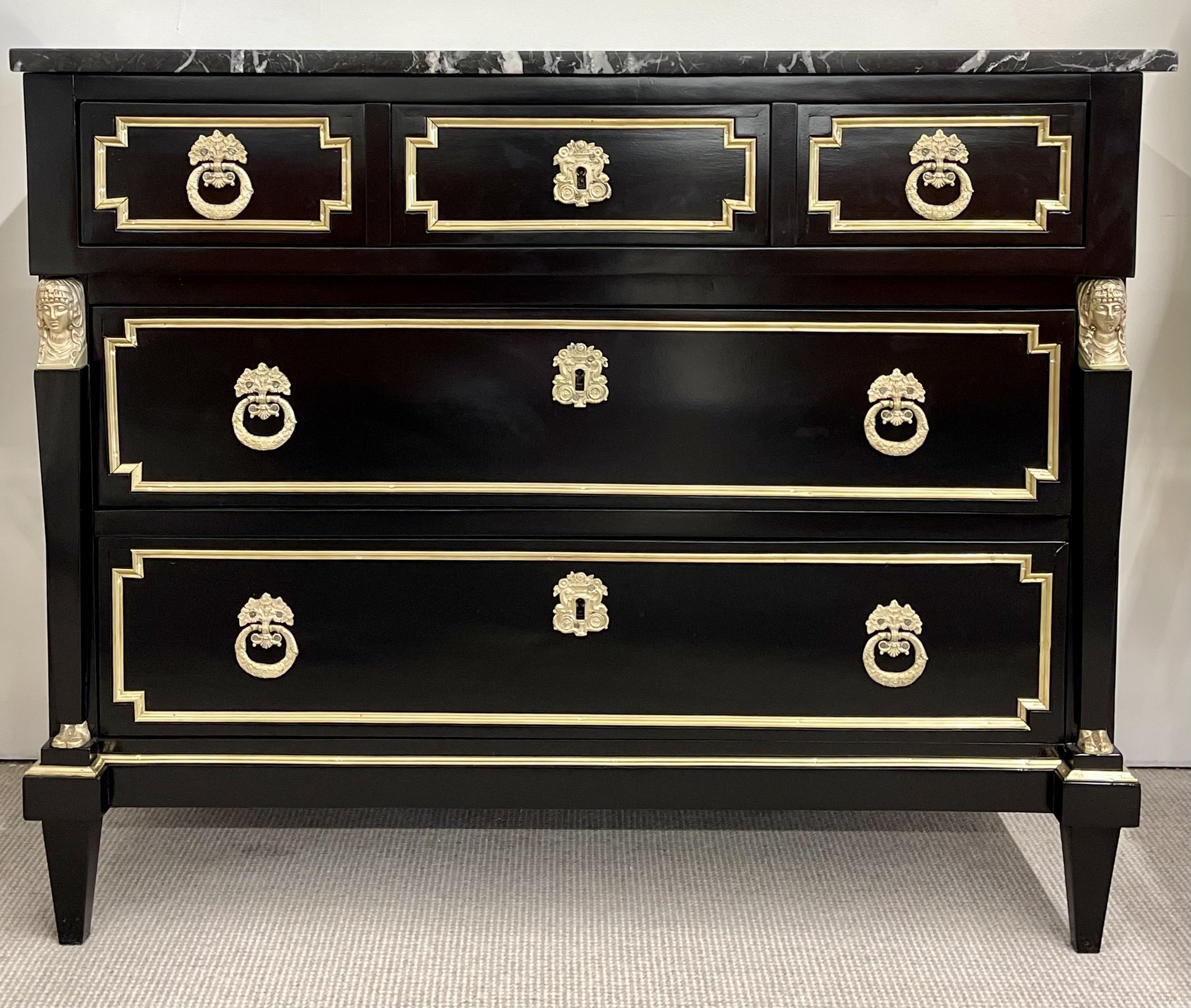 Marble 19th Cent Ebony Empire Commode or Nightstand, Refinished, Bronze Mounted For Sale