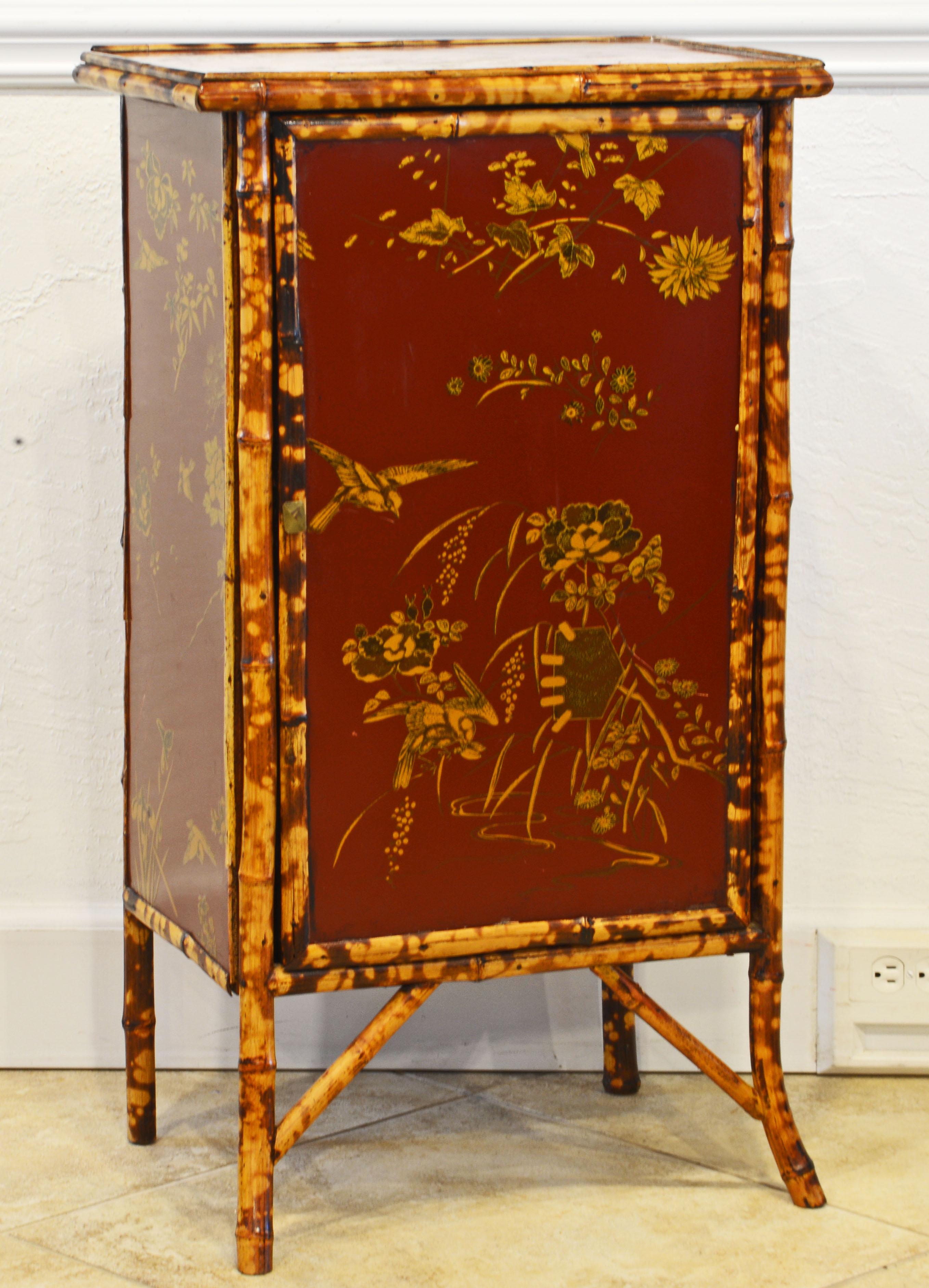 19th Century English Bamboo and Red Lacquer Chinoiserie Gilt Decorated Cabinet In Good Condition In Ft. Lauderdale, FL