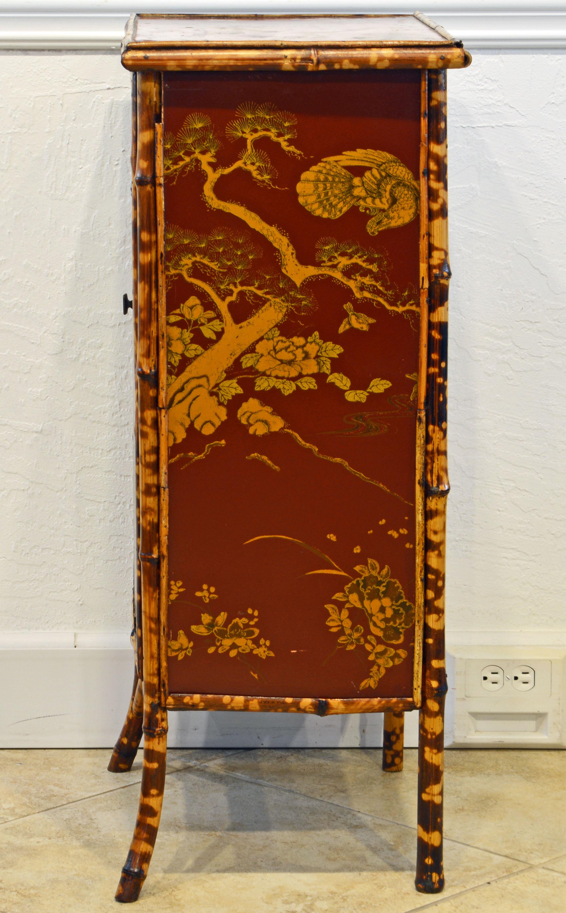 19th Century English Bamboo and Red Lacquer Chinoiserie Gilt Decorated Cabinet 2