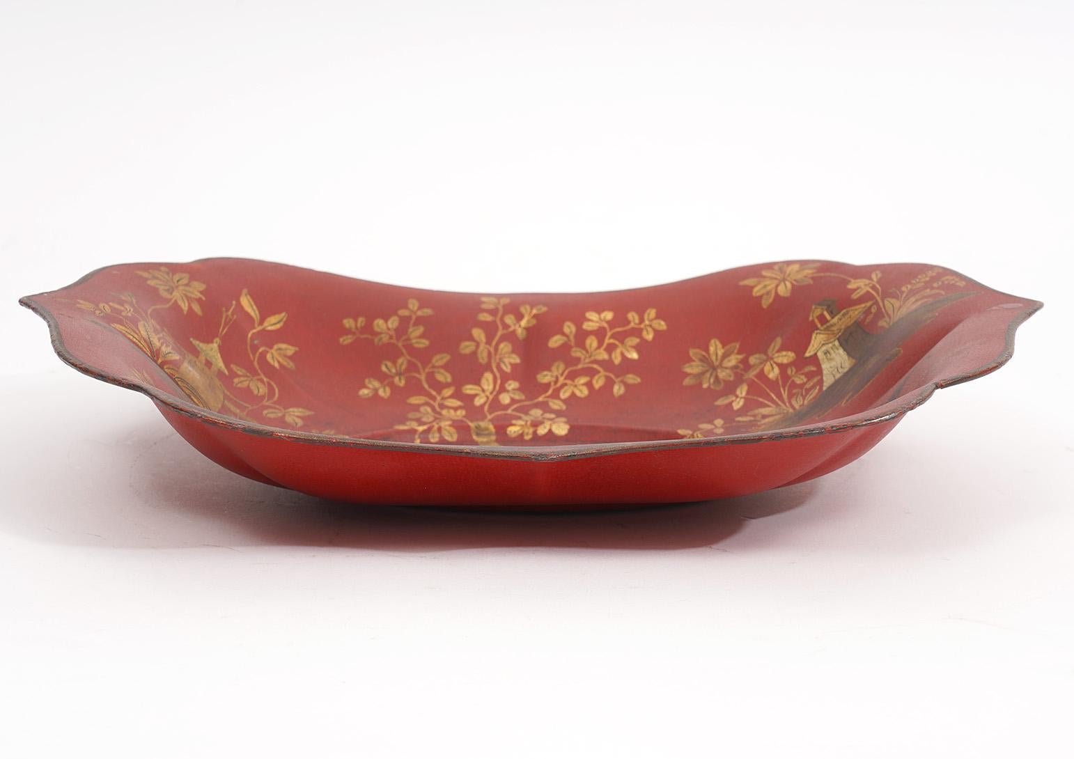 Hand-Painted 19th Cent. English Chinoiserie Red Lacquer and Gilt Decoration Shallow Tole Bowl