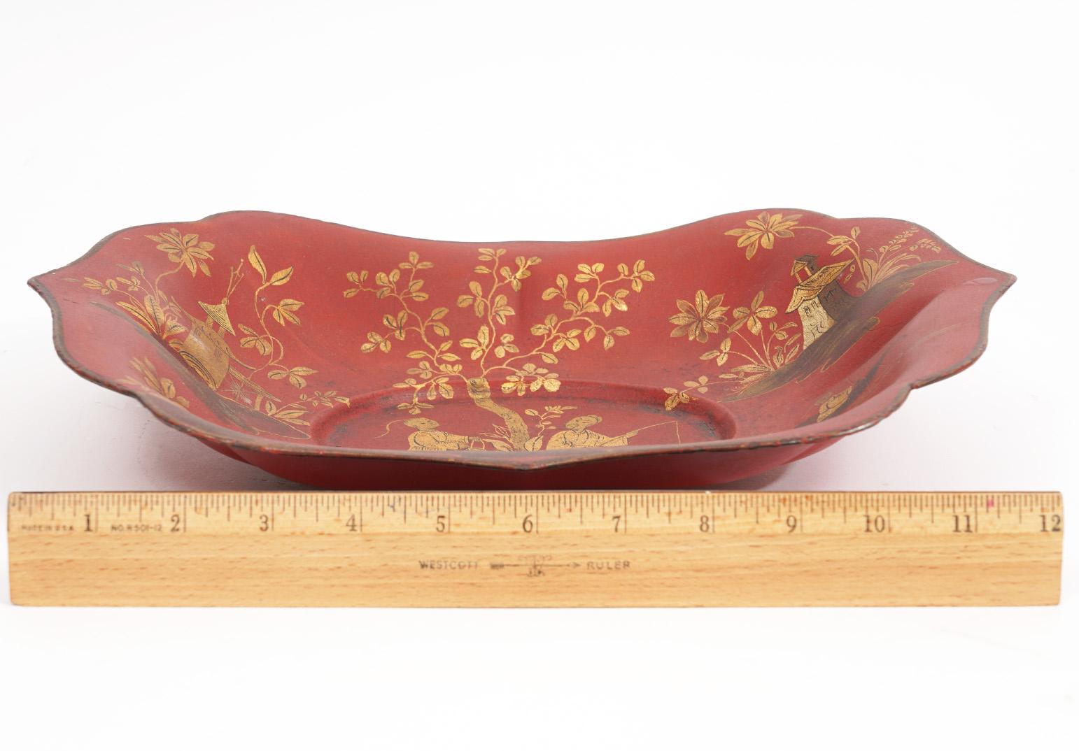 19th Century 19th Cent. English Chinoiserie Red Lacquer and Gilt Decoration Shallow Tole Bowl