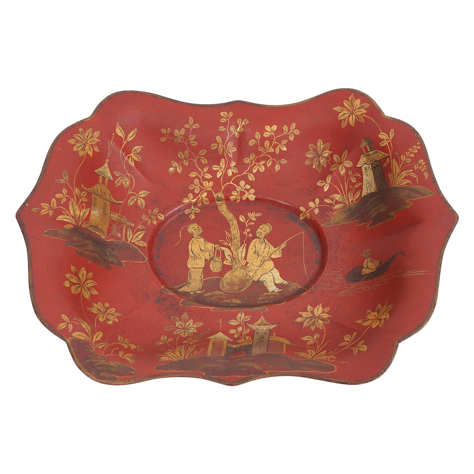 19th Cent. English Chinoiserie Red Lacquer and Gilt Decoration Shallow Tole Bowl