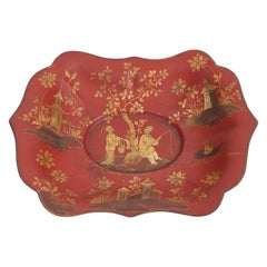 19th Cent. English Chinoiserie Red Lacquer and Gilt Decoration Shallow Tole Bowl