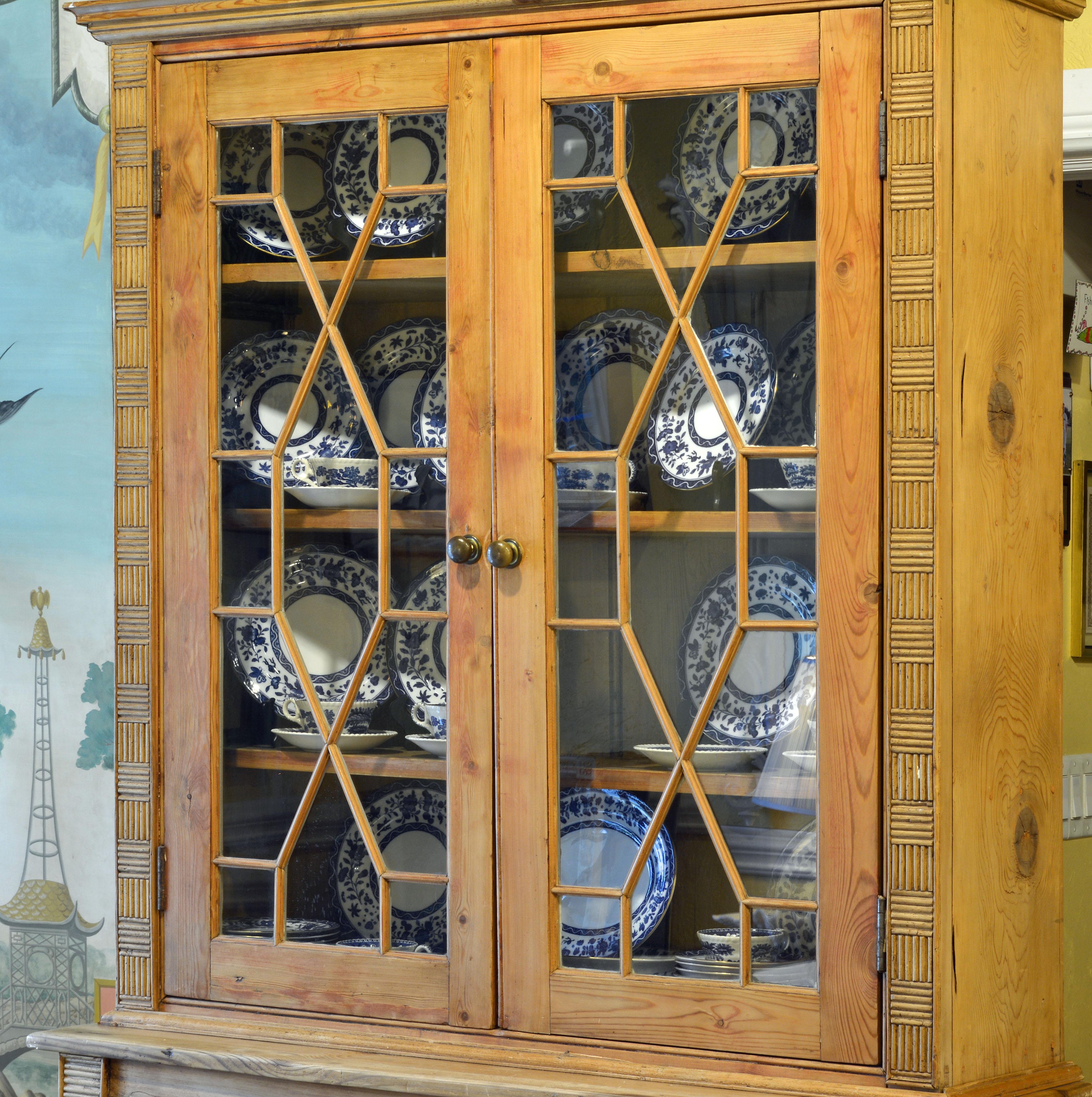 Georgian English Country Style Two-Part Step Back Pine Cupboard with Glass Doors