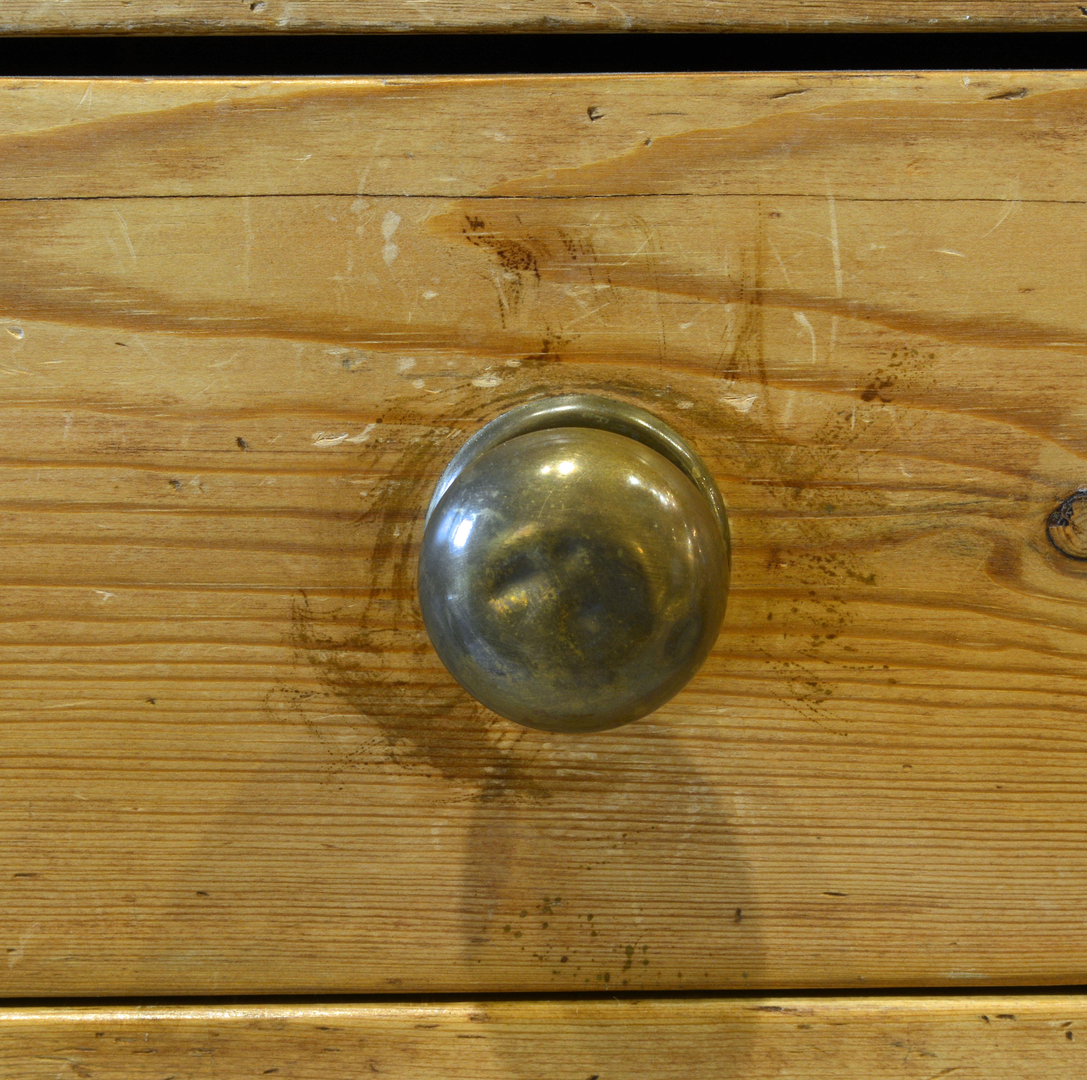 Brass English Country Style Two-Part Step Back Pine Cupboard with Glass Doors