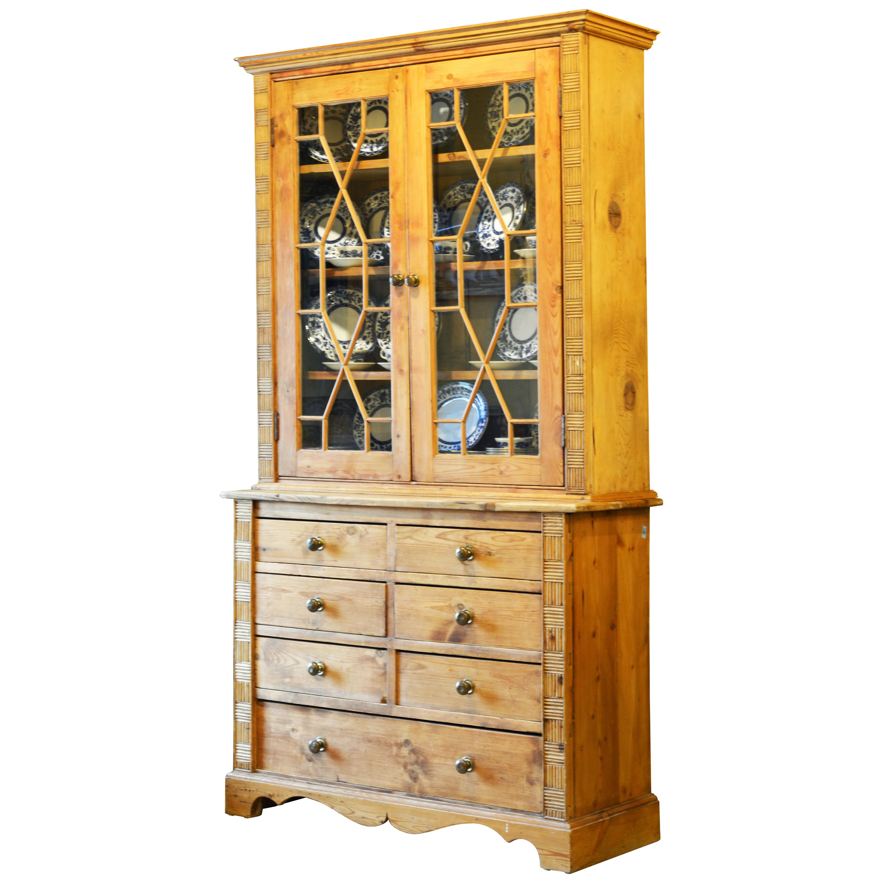 English Country Style Two-Part Step Back Pine Cupboard with Glass Doors