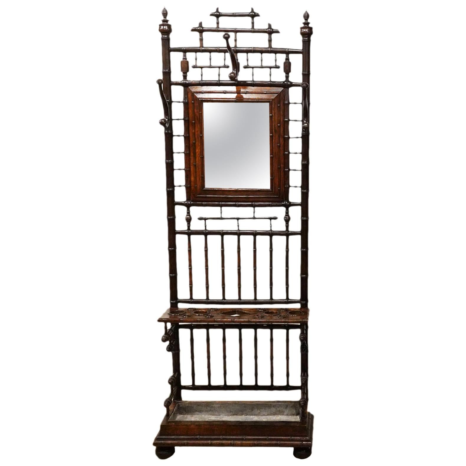 19th Cent. English Late Victorian Chinoiserie Faux Bamboo Hall Tree with Mirror