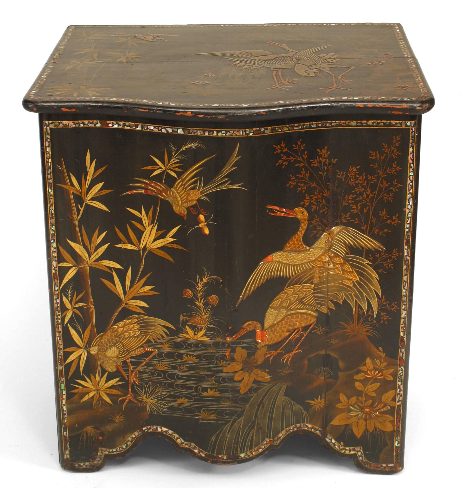 English Regency style (19th Cent) Chinoiserie lacquered and decorated slant top floor trunk (hamper) with pearl inlaid trim.

